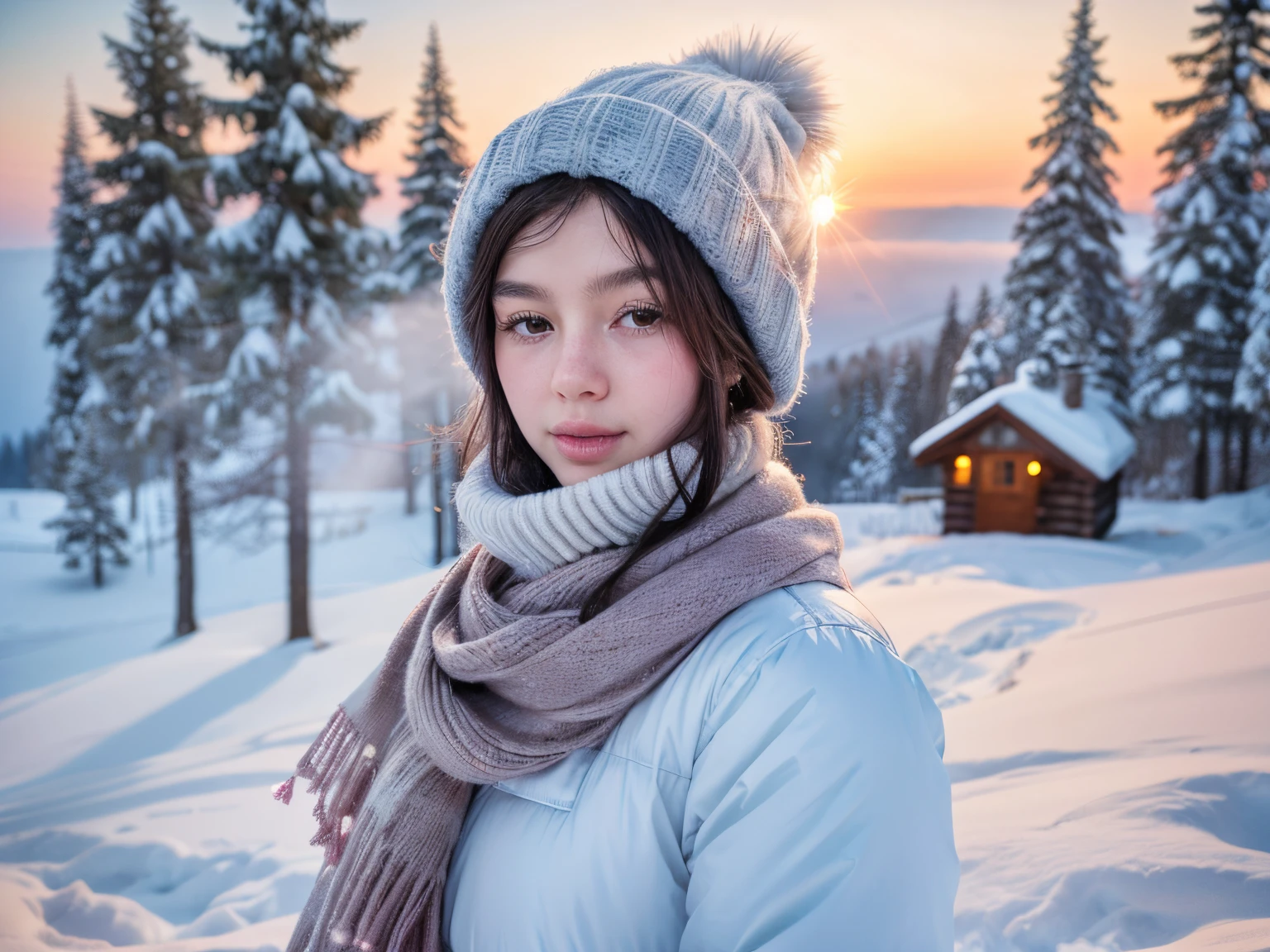 "(best quality,4k,8k,highres,masterpiece:1.2),ultra-detailed,winter wonderland,sparkling snow,icy landscape,glistening frost,majestic snow-covered trees,frozen lake glimmering in the moonlight,serene and peaceful atmosphere,fairy-tale-like scenery,soft snowflakes falling gently from the sky,crisp and cold air,cozy cabins nestled among the trees,children building snowmen and sledding down the hills,smoke rising from chimneys,imprints of animal tracks in the snow,icy crystals forming delicate patterns on branches,sunlight bouncing off the snow,creating a dazzling effect,subtle hues of blue,pink and purple in the sky as the sun sets,every detail captured in the artwork,portrait-like capture of a person bundled up in warm winter clothes,their breath visible in the cold air,with rosy cheeks and eyes full of wonder and joy,celebrating the beauty of winter through the art of painting,blending realistic and dream-like elements,bringing the viewer into a magical winter realm."