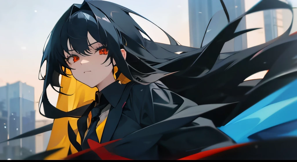 long black hair girl, yellow eyes, black home attire. black hair boy, red eyes, black suit with necktie. long azure hair girl, blue eyes, blue tech suit, in a picture, anime