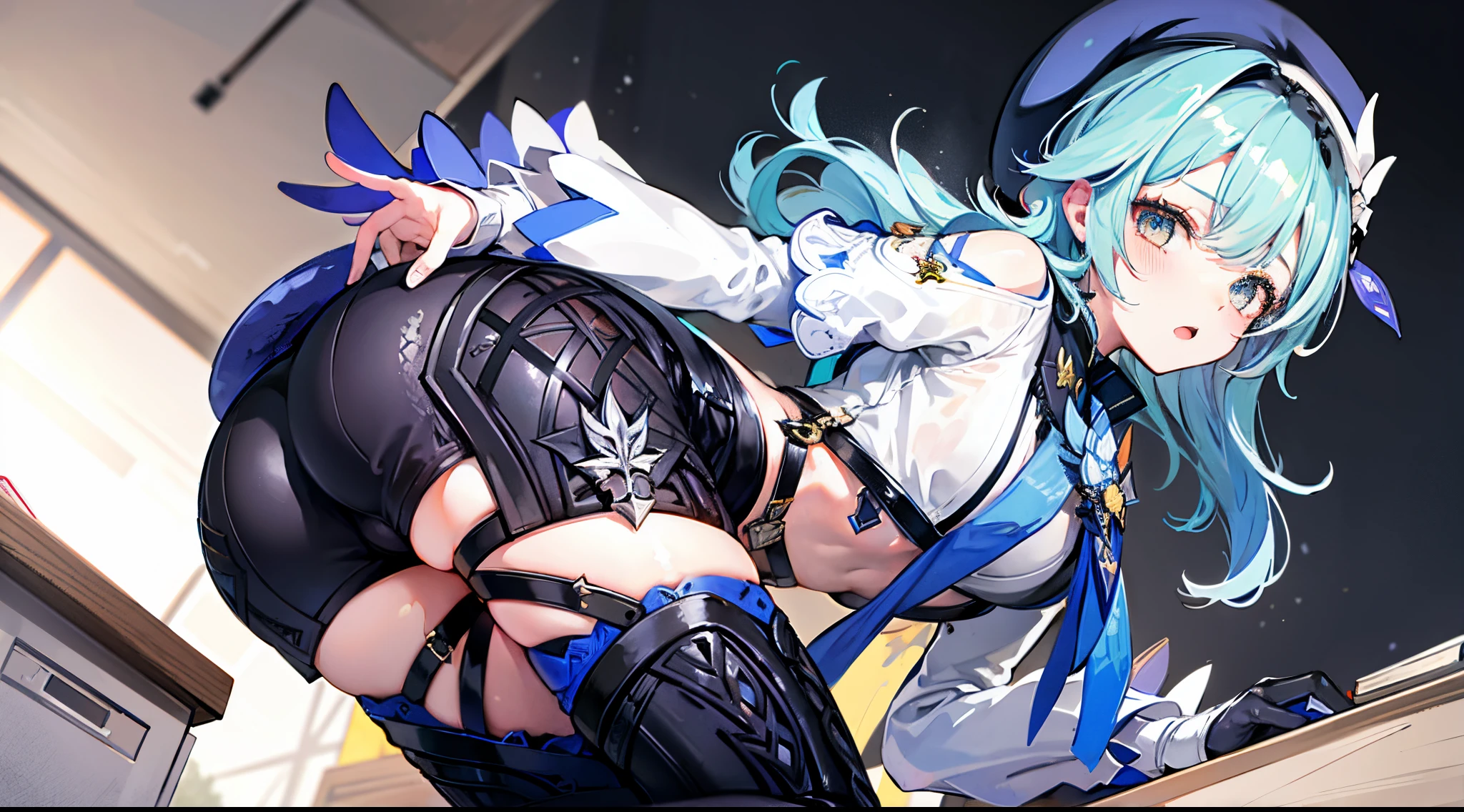 Eula, 1girl, thighhighs,solo, thigh boots, white shirt, black skirt, black footwear, (((masterpiece,high resolution,best quality))), solo, bent over, on table, blonde hair, looking at viewer, open mouth, solo, blush, wet clothes, heart, wet, (beret :1.8), short hair, (iwanagakotoko:0.9), pervert, white panties, ass, from behind, fullbody, beautiful ass, beautiful thighs, beautiful panties, hands on table, school, classroom, desk