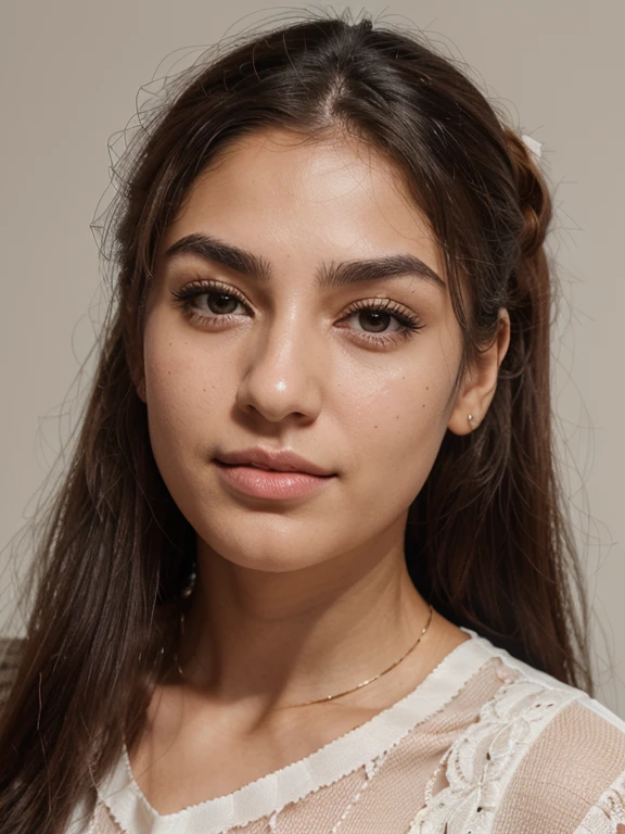 Imagine A girl, Named fatemeh, 25 years and 7 months and 21 days old/ mixture of Phoenician, Greek, Armenian, and Arab/almond eyes, brown eyes,    mesh hair,thick hair, ponytail/ bow-shaped lips, uptruned Nose, square jawline, narrow forehead, Protruding chin, high-arch eyebrows, black eyebrows , thick eyebrows/168 centimeters height, 61 kilograms weight,tanned body/ small mole on left eyebrow، small mole on the corner of the lower left lip, straight white blond wavy hair،A small amount of acne on the cheek، Cheek dimple, chin dimple/ , RAW PHOTO, hyperrealistic, ideal face template, Fujifilm X-T3, 1/1sec at f/2.8, ISO 160, 84mm, smile,The nose has undergone cosmetic surgery