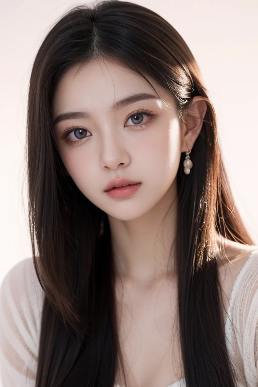 (Cinematic Aesthetic:1.4) Photo of a beautiful 22 years old woman, grey big eyes, clean pale skin with pink cheeks, brown eye shadow, pink lib, shiny brown long hair, white background, head shot