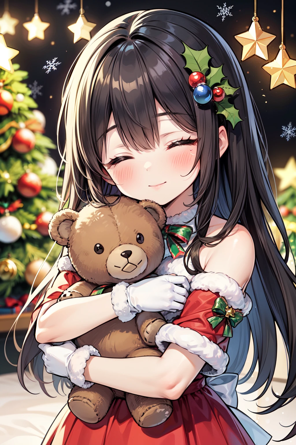 cute girl, hug, teddy bear, happy, closed eyes, (perfect detailed face), long hair, elaborately designed clothes, (puffy gloves), (luminescent, christmas ornaments), Christmas trees Background, bloom, transparent