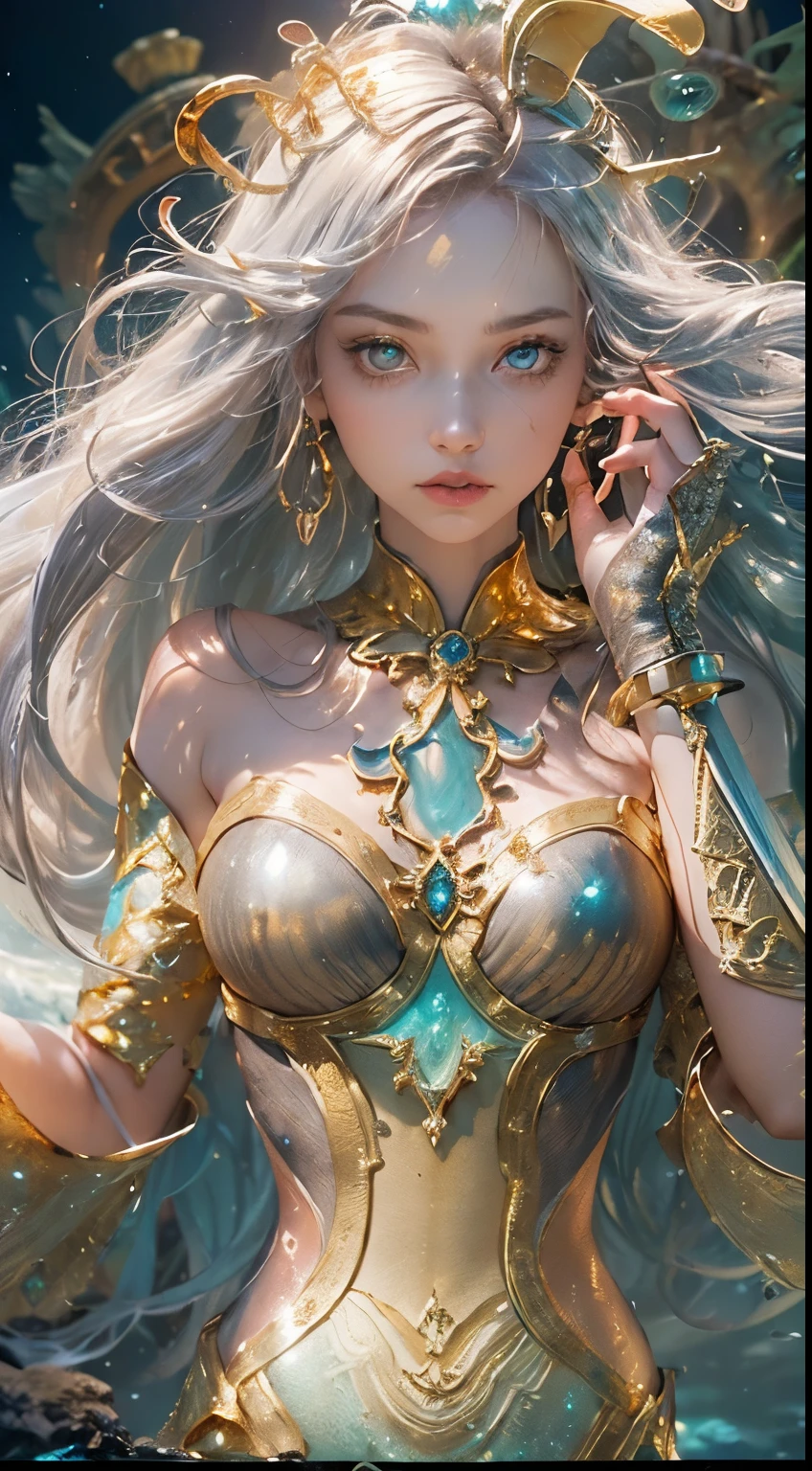((sword in hand:1.8)), (award-winning masterpiece, with incredible detail, textures and maximum detail), (full body view:1.6), (hyper realistic:1.4), (realistic:1.3), (upper body close-up:0.4), (many gold and silver treasures are sunken: 1.8), ( Top Quality Real Texture Skin), (((Underwater))), (Deep Sea: 1.5), (Dark Sea at Night: 1.6)), (Detailed True Circle Symmetrical Eye-Catching Exquisite Face, ((Medieval World)), (Full Length View: 1.6)), ((Mermaid)), ((Mermaid Prince Mermaid Noble)), (Eyes Burning Brightly Like Flames ), (she smiles mischievously), (sunken ship with treasures:1.4), (sunken temple on coral reef), (sunken temple, sunken cathedral, sunken temple ruins, sunken detached temple, sunken ruins of ancient castle, shining majestic water and light, coral reef, (eyes glowing golden in the dark:1.5), (eyes with a strong inner (strong golden light from within:1.5), (bioluminescence:1.5), (full body view:1.6), (swirling water currents and currents in background), (dramatic light), (magnificent scene), (her expression is gentle and beautiful), glass earrings in ears, (dramatic photo:1.4), (( dramatic pose))), (gorgeous photograph), (golden hair), (silver hair), (chestnut hair), ((examining)), ((looking down)), (elaborately crafted necklace around her neck), (bioluminescent with brilliant sparkle:1.3), (flashy Hydromagic: 1.2), (beautiful fish in surrounding area), (luminous magic circle: 1.5), (full body view: 1.6), epic realistic, faded, art book, (Greg Rutkowski: 0.8), (teal and orange: 0.4), (art station: 1.5), cinematic ((neutral hues)), (ticker:1.5), (muted colors:1.2), hyperdetailed, dramatic light, (elaborate detail:1.1), complex background, (muted colors:1.2)