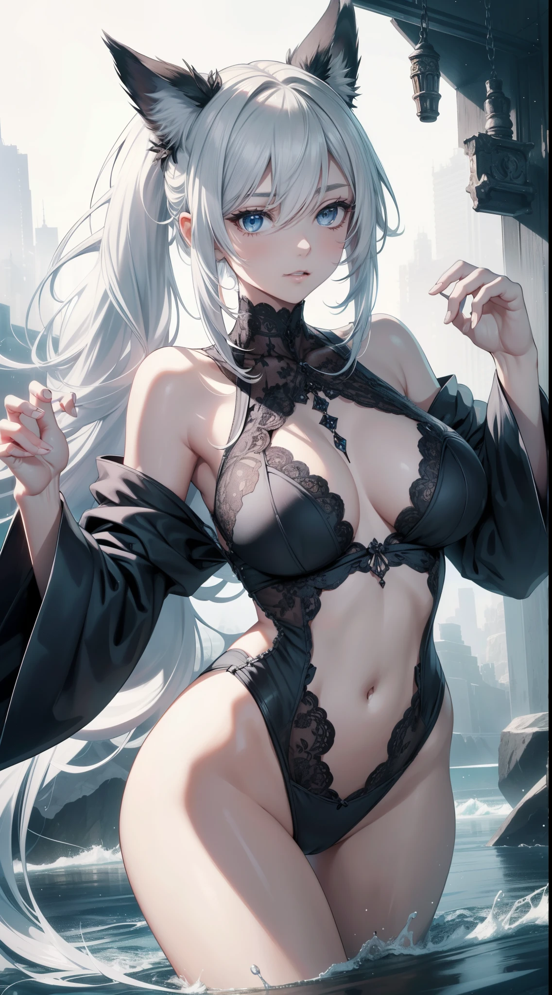 side hairs cover up the human ears, full bodyesbian, masterpiece, (bend at the waist, bend down and look at viewer:1.2), Best quality at best, official art, Very detailed CG 8k wallpaper, (flying petal)(Detailed ), Crystal texture of the skin, Grim expression, (fox ear), white hair, long white hair, messy hair, eBlue eyes, Medium breasts, looking at viewer, Hands are truly optimized, The foot truly and reasonably optimized, very fine and beautiful, A high resolution, Underwear lace (transparent pubic hair, Silky), Navel-baring, Sling pajamas black silk (transparent pubic hair, Silky), Strangle leg rings, close-up on legs, Unilateral ponytail with white hair, Flushed face, Lie down, Background bed, water stain (Close up of transparent water stains), lots of resolution, Close-up of the hand, The lines are clear and realistic, photograph realistic, best quality, tmasterpiece, Extremely refined and beautiful, extremely details, CG 8K, Amazing Cleavage, finely detailed, tmasterpiece, Best quality at best, extremely detailed CG unity 8k wallpaper,