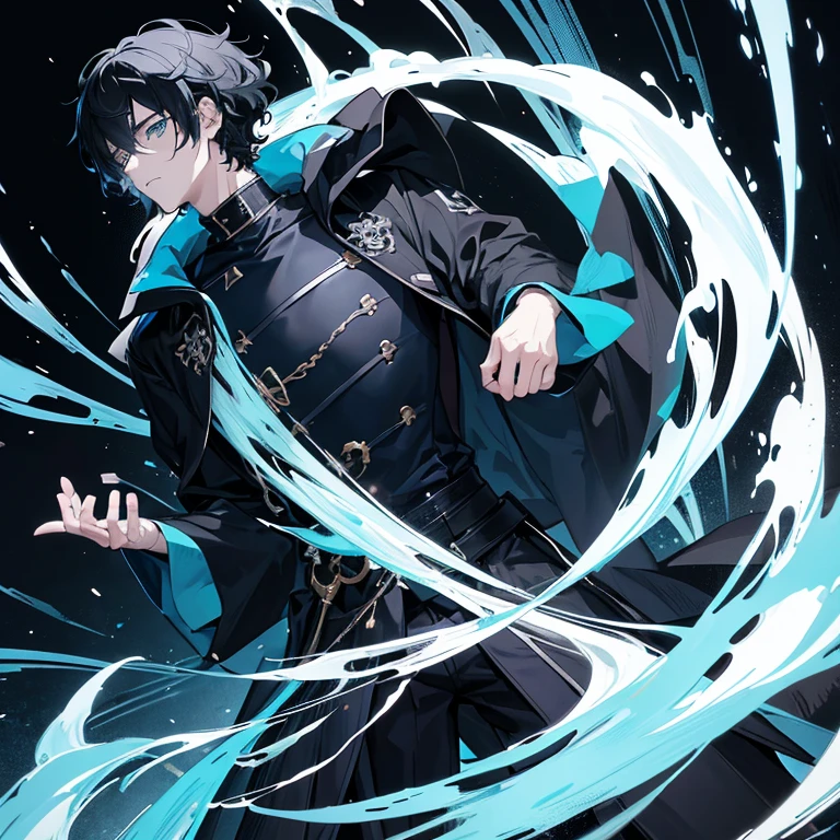 Anime style, anime art, man, male, short curly black hair, colored line art, pale skin, masculine features, colored line art, dark background, ominous, sad face, beautiful line art, long flowing dark blue and black clothes, blue eyes, colored line art, one person, boy, translucent blue hands around, hands on face