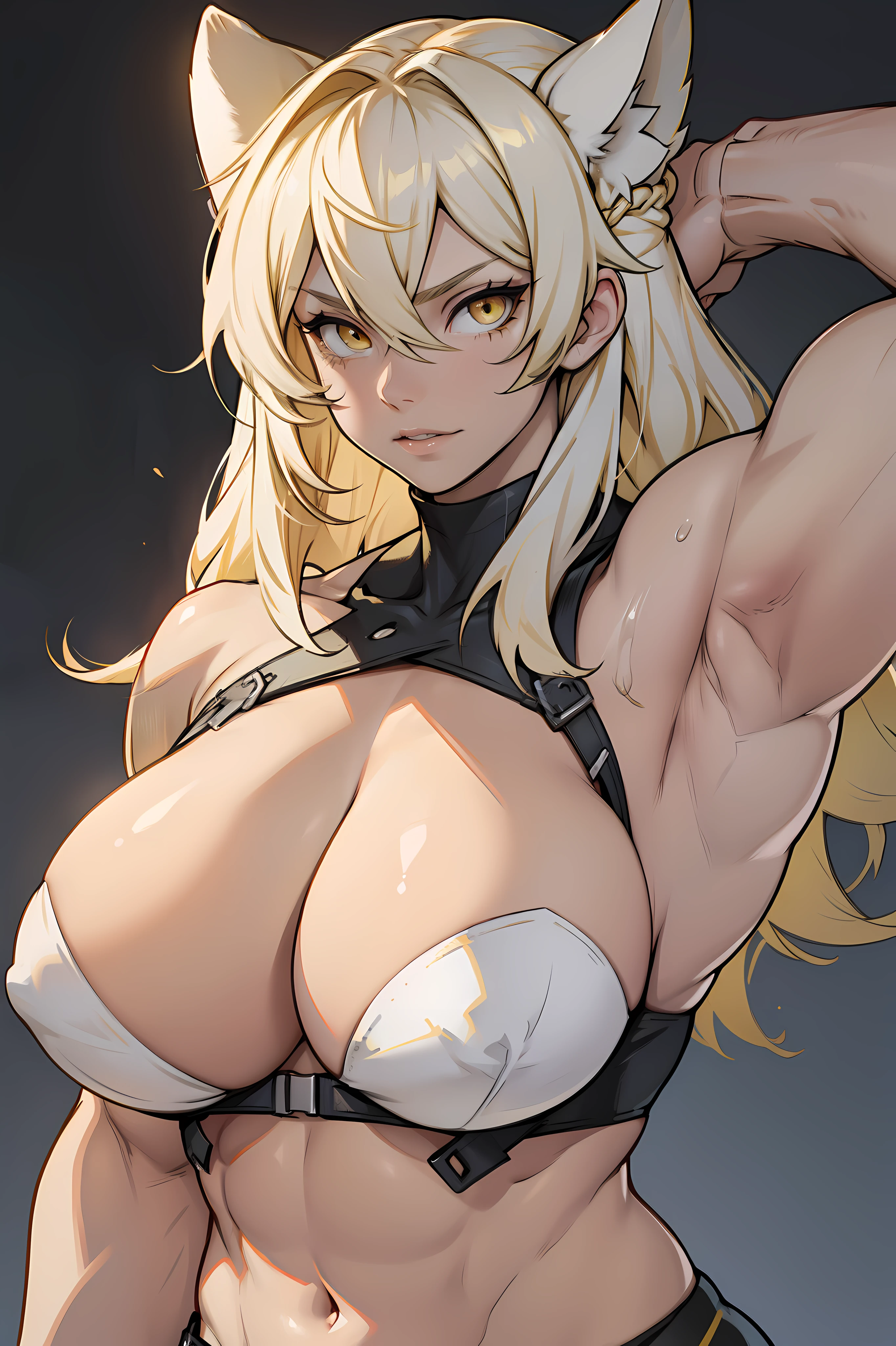 (girl huge muscles huge breasts) pale skin silvery blonde yellow eyes hair between eyes