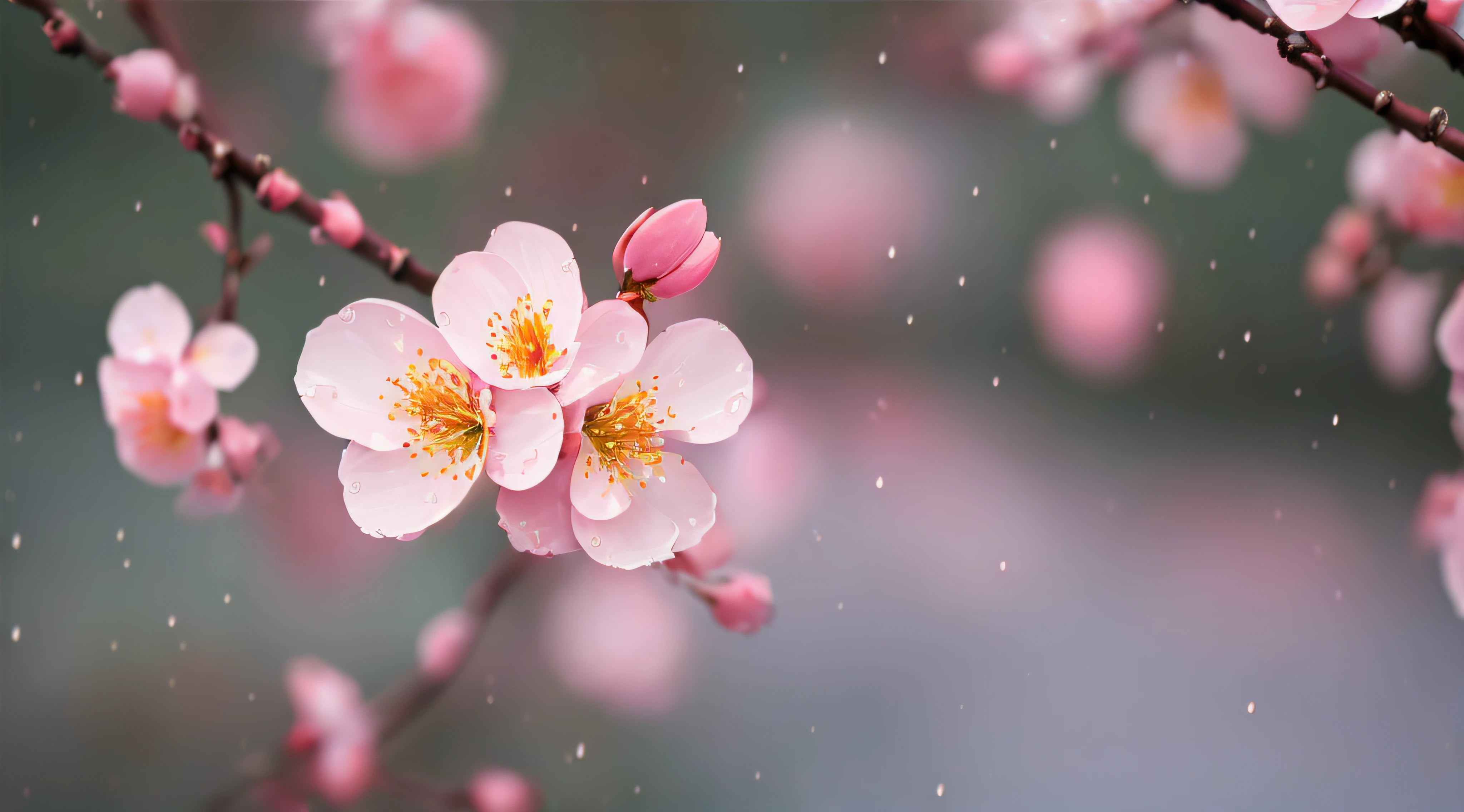 best quality, masterpiece, rainy, willow, peach blossom, dancing petals, high resolution, 8k uhd, high quality, volumetric lighting, high resolution, 4k, 8k, bokeh