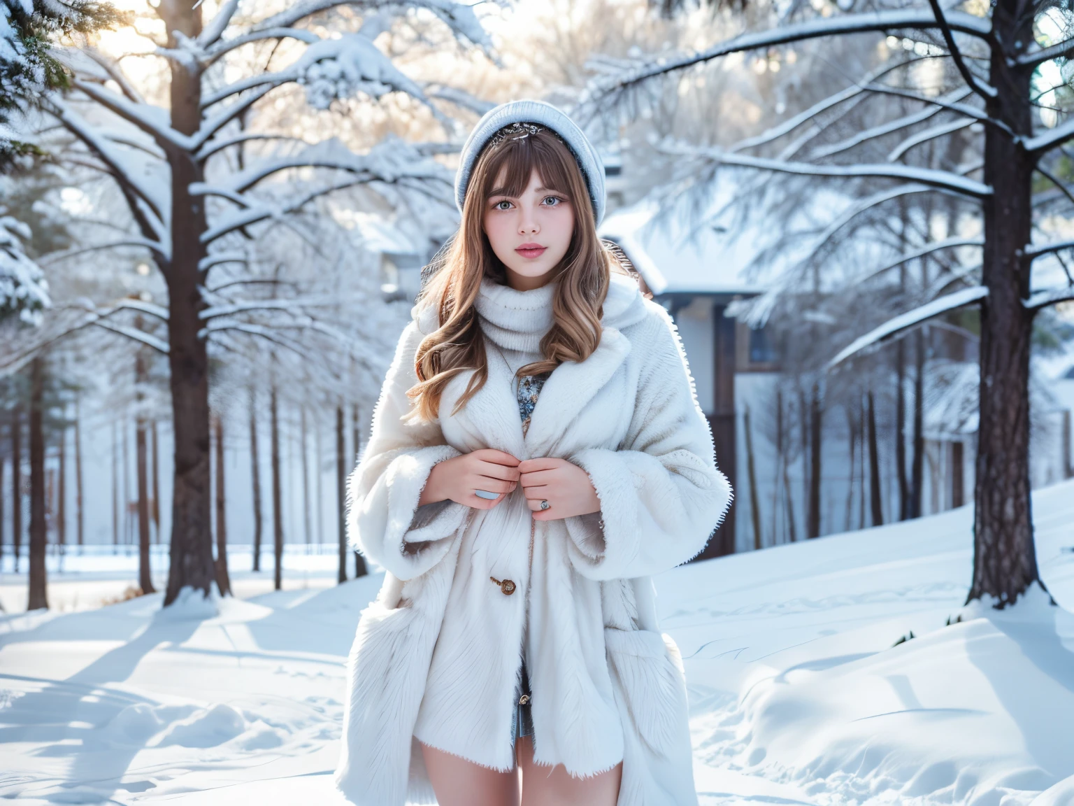 A beautiful girl in the winter wonderland, snowy landscape, sparkling icicles, cozy fur coat, delicate snowflakes, small animals playing, enchanting snow-covered trees, magical castle of sweets, warm and joyful atmosphere, soft winter sunlight, vibrant winter colors, fairy tale-like ambiance, dreamy winter scenery