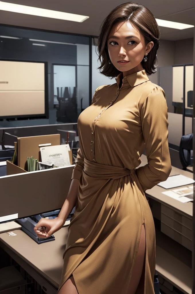 Masterpiece, Excellent, (Office: 1.8), CG drawing with super high detail, standing, 1 royal sister, angry, a woman with short tan hair, layered dress, hands crossed at waist, facing the audience, illustration, wide angle panorama