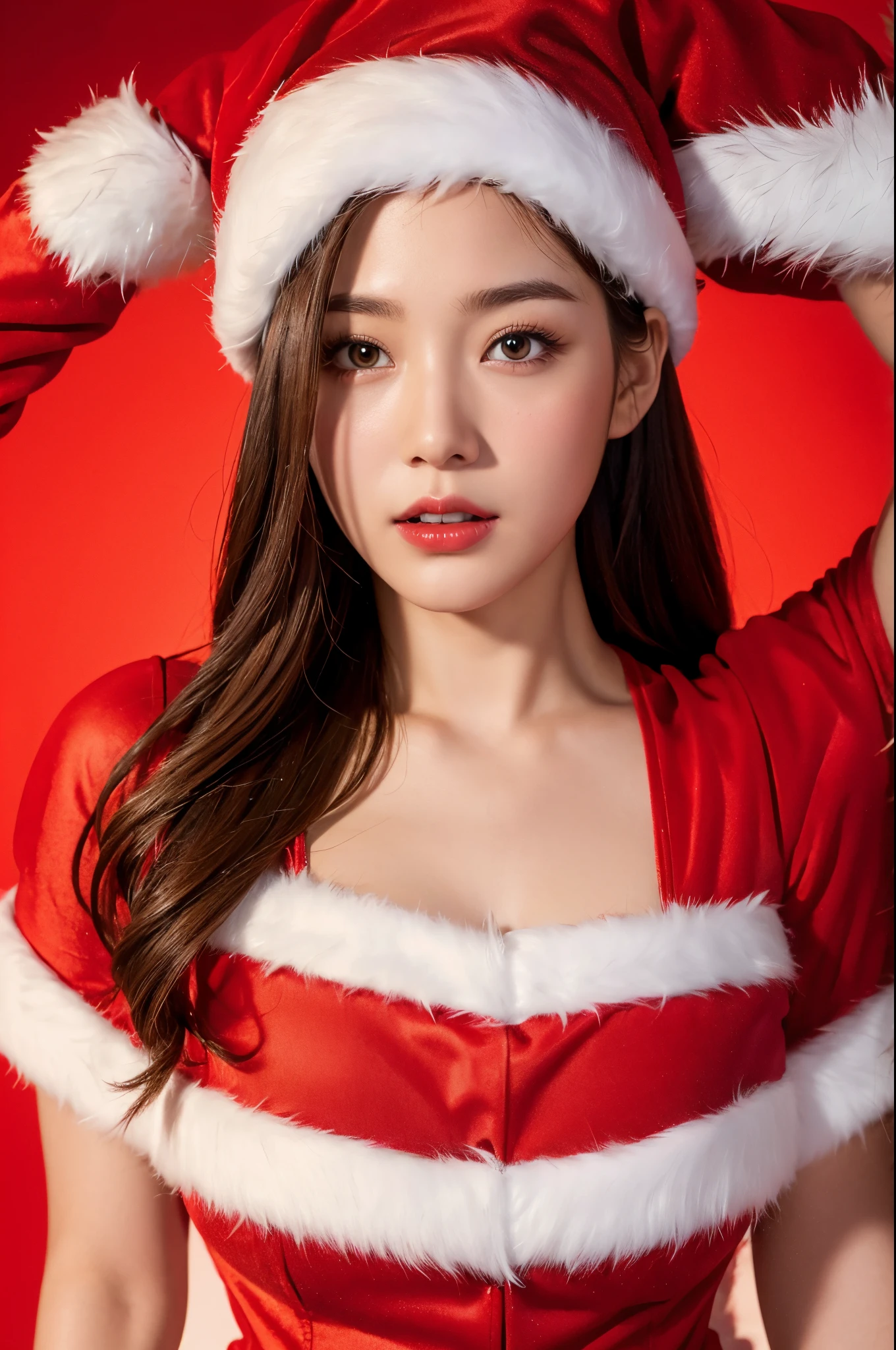 Hyper-realistic capture, The is very detailed,. The skin texture must be natural,Take photos in Santa Claus costume,red clothes and hat, wearing red clothes,Upper arm exposure
