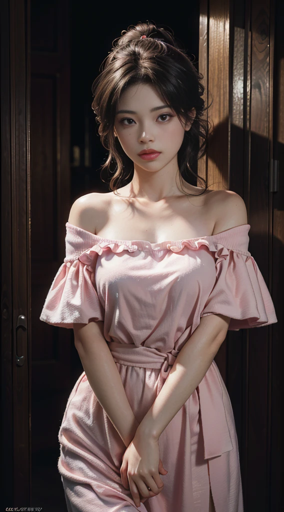 Best Quality, Masterpiece, Ultra High Resolution, (Realisticity: 1.4), Original Photo, 1girl, Pink Off-the-Shoulder, Cinematic Lighting,Girl with cute Friday clothes, small breasts and medium body, light eyes and brown hair, pink tights with cute details, best quality, detailed, best resolution 4k,Short and sexy clothes 