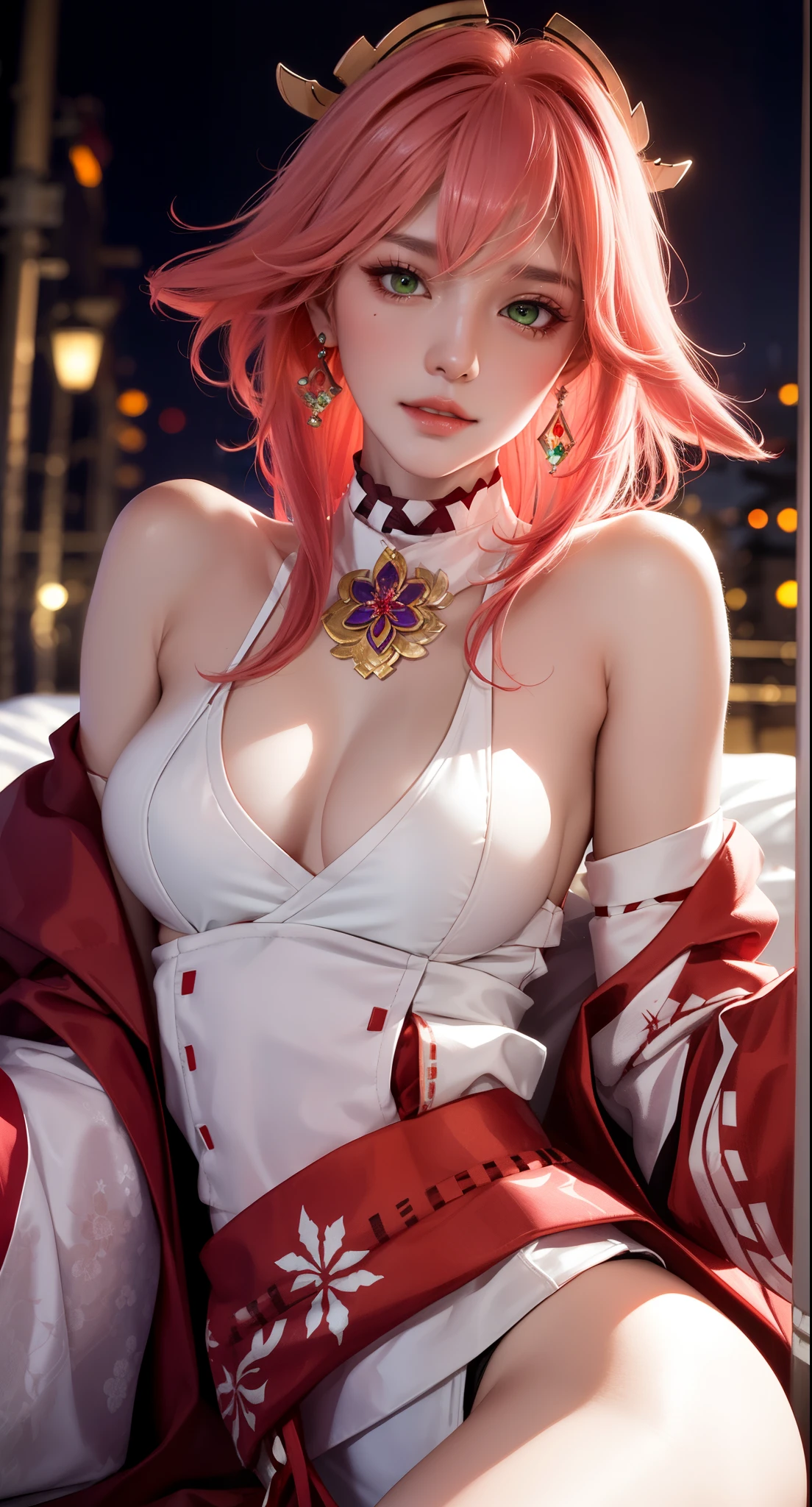 on bed, lying on bed sexy, (Masterpiece, Excellent, 1girl, solo, complex details, color difference), realism, ((medium breath)), off-the-shoulders, big breasts, sexy, Yae Miko, long pink hair, red headdress, red highlight, hair above one eye, green eyes, earrings, sharp eyes, perfectly symmetrical figure, choker, neon shirt, open jacket, turtleneck sweater, graffiti, dim lighting, alley, looking at the audience, ((mean, seductive, charming)), ((autumn background))), ((tokyo background)))), (((luminous background))), (dynamic pose), tulle, bare shoulders, blooming flower fields, radiant skin, faint smile, sexy, bust, no breast cover, naked, cocked ass, tummy look