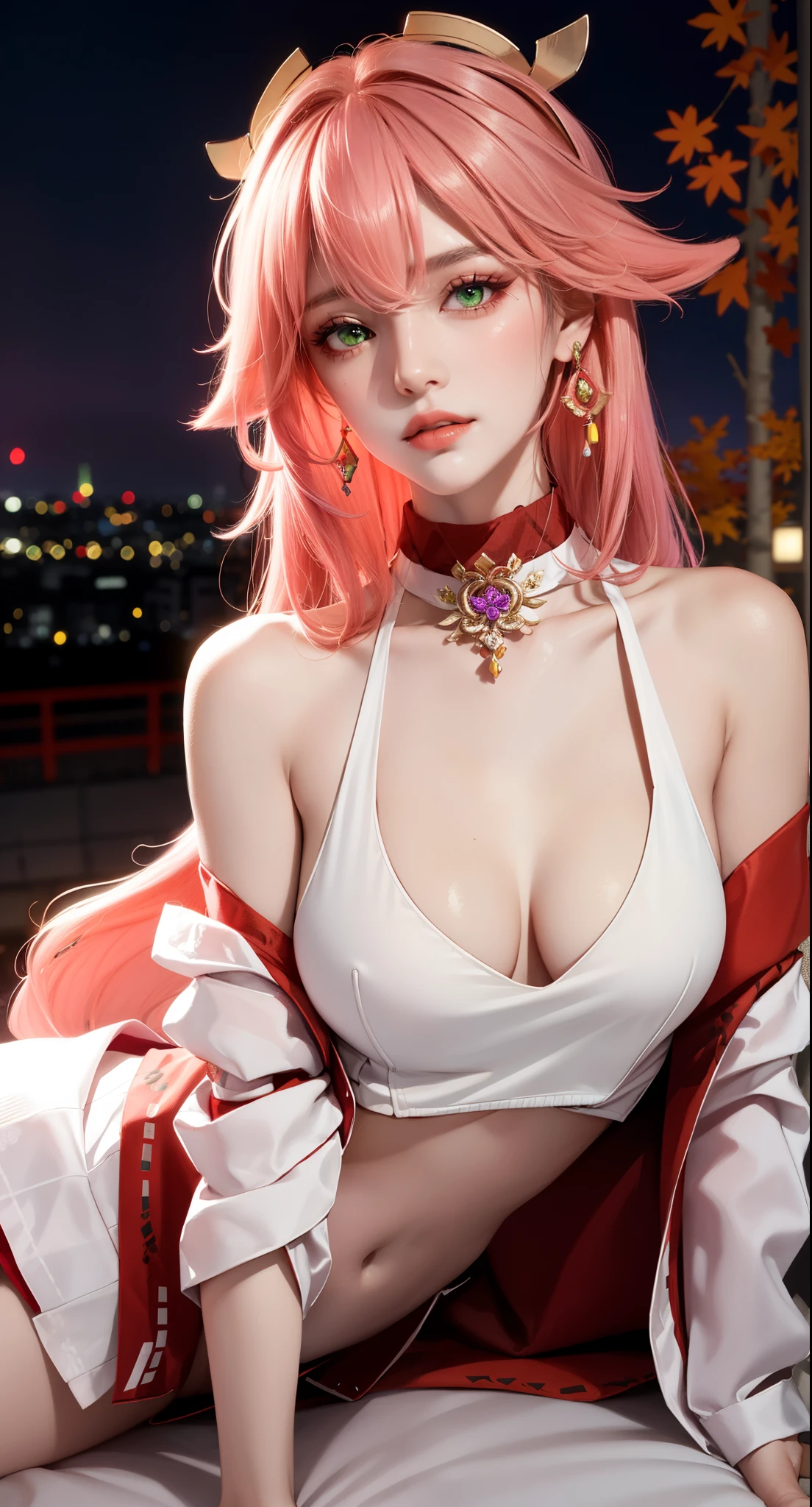 on bed, lying on bed sexy, (Masterpiece, Excellent, 1girl, solo, complex details, color difference), realism, ((medium breath)), off-the-shoulders, big breasts, sexy, Yae Miko, long pink hair, red headdress, red highlight, hair above one eye, green eyes, earrings, sharp eyes, perfectly symmetrical figure, choker, neon shirt, open jacket, turtleneck sweater, graffiti, dim lighting, alley, looking at the audience, ((mean, seductive, charming)), ((autumn background))), ((tokyo background)))), (((luminous background))), (dynamic pose), tulle, bare shoulders, blooming flower fields, radiant skin, faint smile, sexy, bust, no breast cover, naked, cocked ass, tummy look