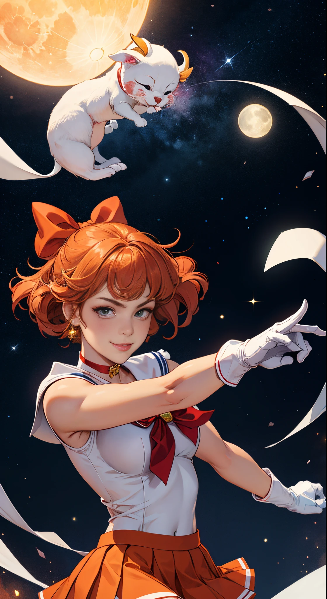 masutepiece, Best Quality, hight resolution, SV1, Sailor Senshi Uniform, Orange skirt, pants white shortle view、elbow groves, tiarra, Pleated skirt, Flipping up a miniskirt, White panty、Red bow, orangechoker, White Gloves, Jewelry, Starry sky, badass pose, slight smile, Portrait, floating, Moon, Upper body