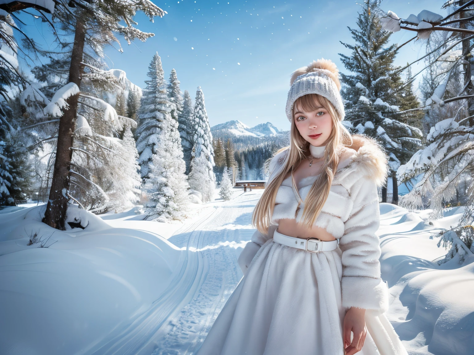 A beautiful girl in the winter wonderland, snowy landscape, sparkling icicles, cozy fur coat, delicate snowflakes, small animals playing, enchanting snow-covered trees, magical castle of sweets, warm and joyful atmosphere, soft winter sunlight, vibrant winter colors, fairy tale-like ambiance, dreamy winter scenery