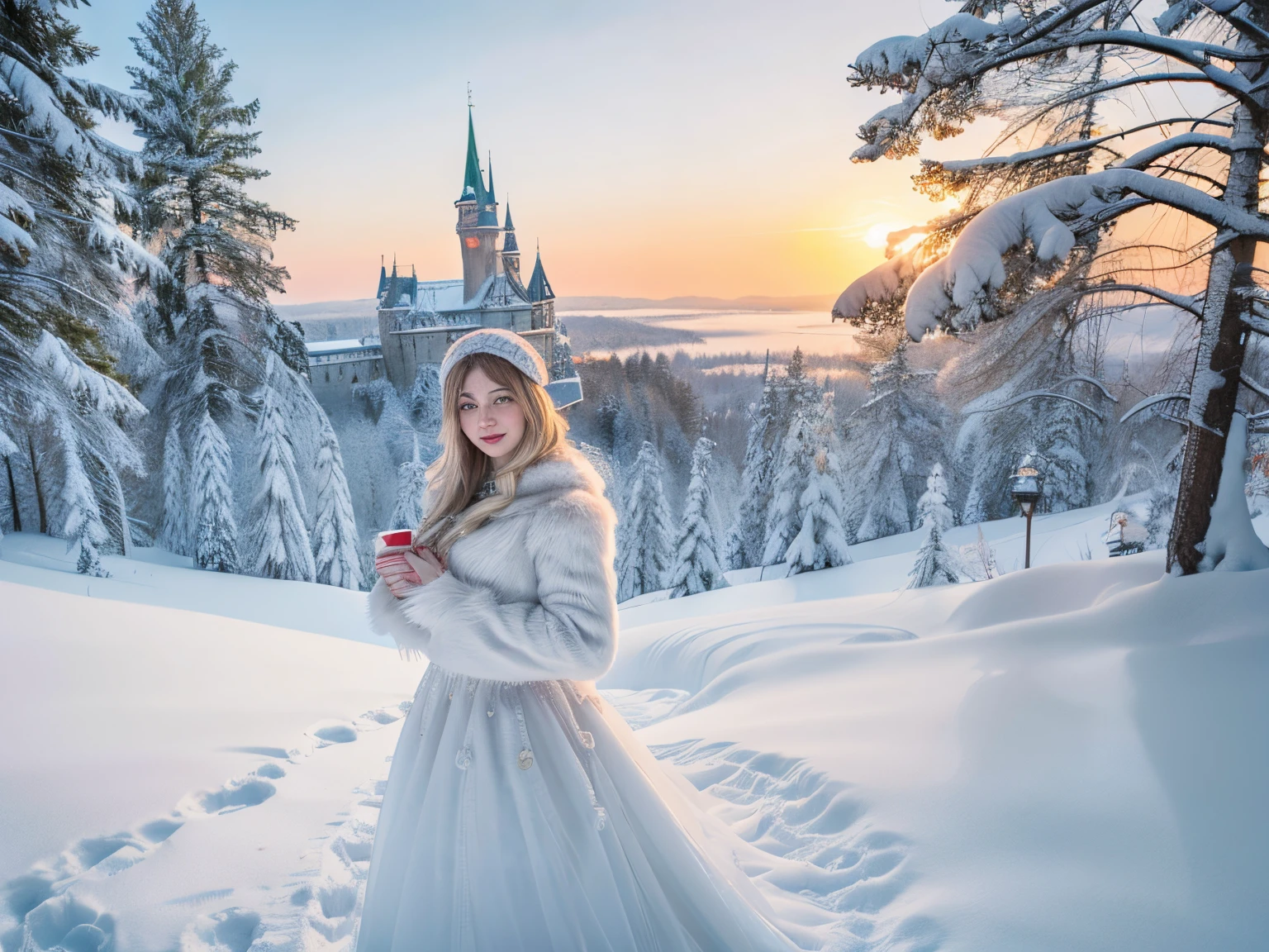 A beautiful girl in the winter wonderland, snowy landscape, sparkling icicles, cozy fur coat, delicate snowflakes, small animals playing, enchanting snow-covered trees, magical castle of sweets, warm and joyful atmosphere, soft winter sunlight, vibrant winter colors, fairy tale-like ambiance, dreamy winter scenery