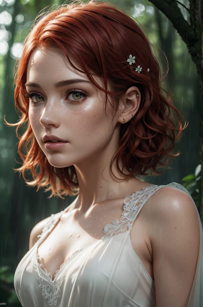 cute woman under drizzling rain, (elegant, beautiful face), transparent white dress, forest moss, (freckles:0.8), flowers feld, , curly red hair, magical atmosphere, (short hair), ((detailed skin, skin texture)), ultradetailed, (intricately detailed, fine details, hyperdetailed), raytracing, subsurface scattering, (fantasy underworld on background), diffused soft lighting, shallow depth of field, by (Oliver Wetter), sharp focus bokeh, (realistic photo quality:1.4)