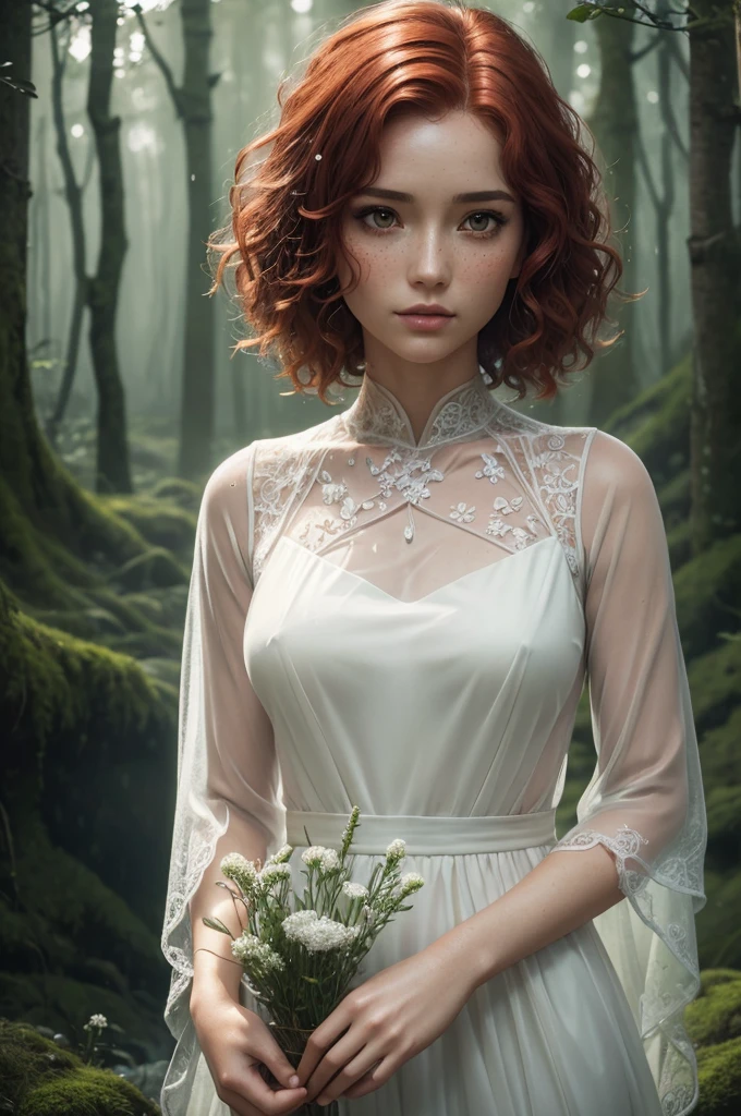 cute woman under drizzling rain, (elegant, beautiful face), transparent white dress, forest moss, (freckles:0.8), flowers feld, , curly red hair, magical atmosphere, (short hair), ((detailed skin, skin texture)), ultradetailed, (intricately detailed, fine details, hyperdetailed), raytracing, subsurface scattering, (fantasy underworld on background), diffused soft lighting, shallow depth of field, by (Oliver Wetter), sharp focus bokeh, (realistic photo quality:1.4)