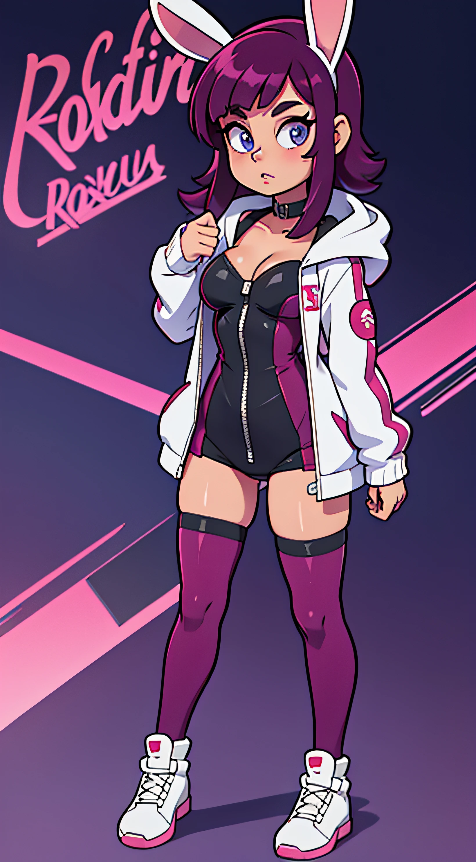 cyberpunk bunny girl com uma jaqueta de couro e orelhas de coelho roxo, franja roxa cabelo comprido