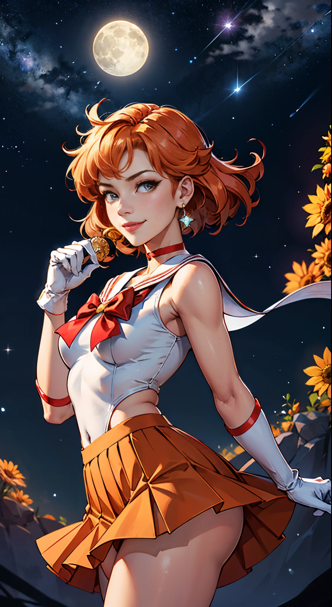 masutepiece, Best Quality, hight resolution, SV1, Sailor Senshi Uniform, Orange skirt, pants white shortle view、elbow groves, tiarra, Pleated skirt, Flipping up a miniskirt, White panty、Red bow, orangechoker, White Gloves, Jewelry, Starry sky, badass pose, slight smile, Portrait, floating, Moon, Upper body