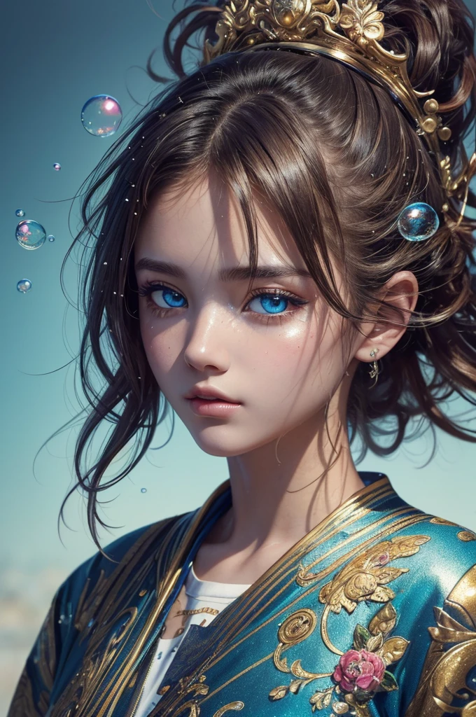 (masterpiece), (best quality), (ultra detailed),(messy hair),(illustration), (1boy,1girl), avatar, macro lens, (Fashionable clothing), standing,Fashion model, looking at viewer, ( interview), (simple background), beautiful detailed eyes, exquisite beauty, Floating, (high saturation), (colorful splashs), colorful bubble, (shining), focus on face,