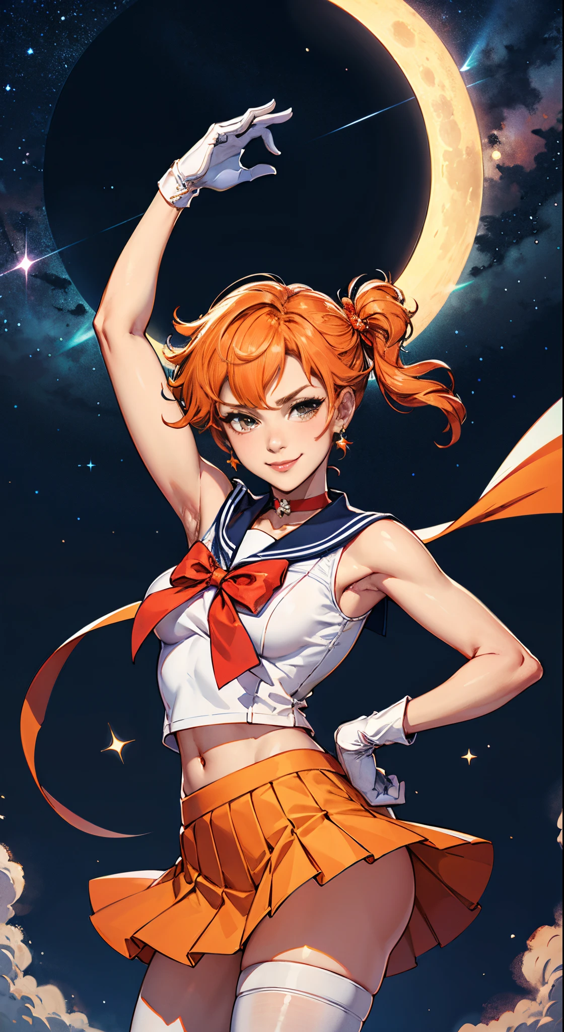 masutepiece, Best Quality, hight resolution, SV1, Sailor Senshi Uniform, Orange skirt, pants white shortle view、elbow groves, tiarra, Pleated skirt, Flipping up a miniskirt, White panty、Red bow, orangechoker, White Gloves, Jewelry, Starry sky, badass pose, slight smile, Portrait, floating, Moon, Upper body