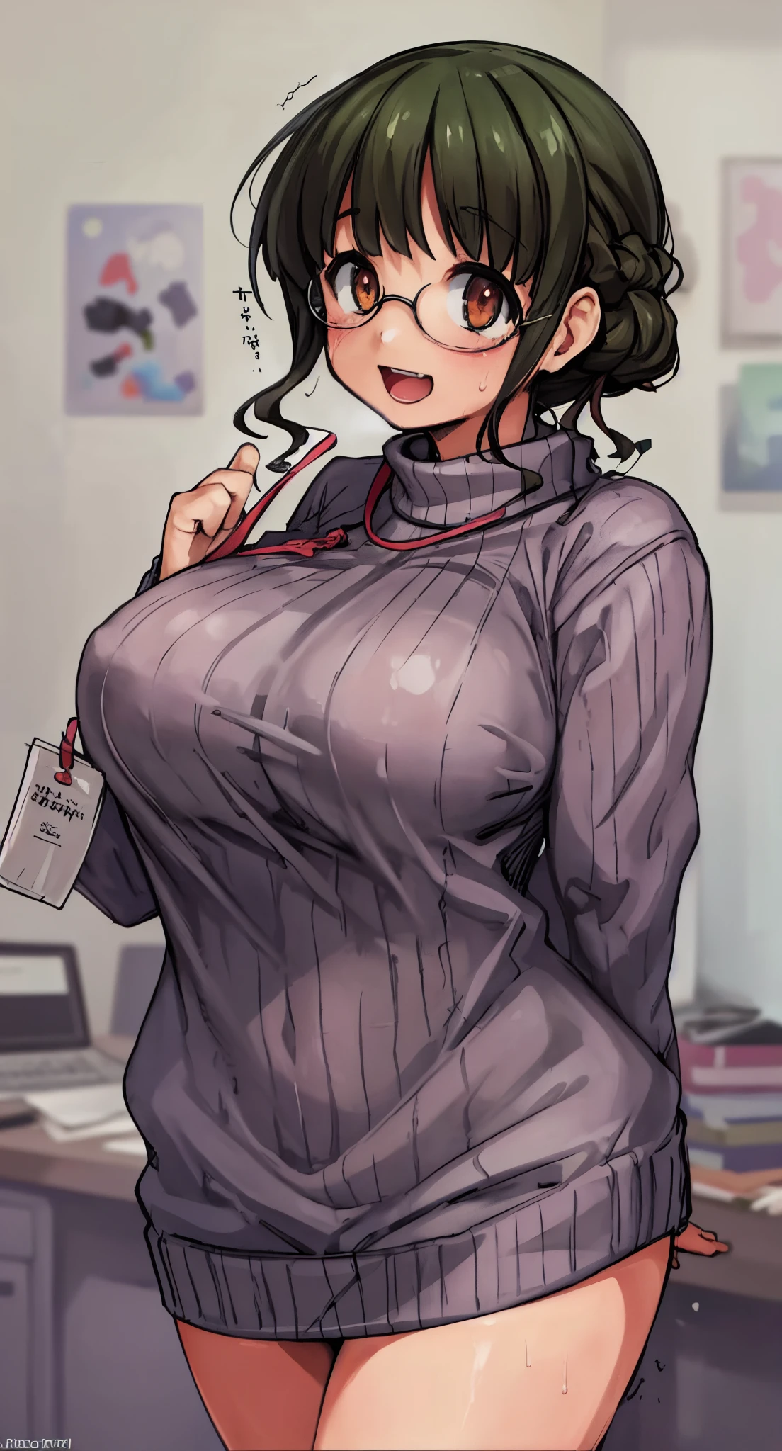 (Perfect body),Best Quality,(8K Portrait),(Official art)、NSFW、(((huge-breasted)))、fatness、((Shorthair))、blush,((Dark hair)),(Sweat),((((Take off your sweater))))、Black knee socks、1girl in,((:D))、Hot、Office room、eye glasses、