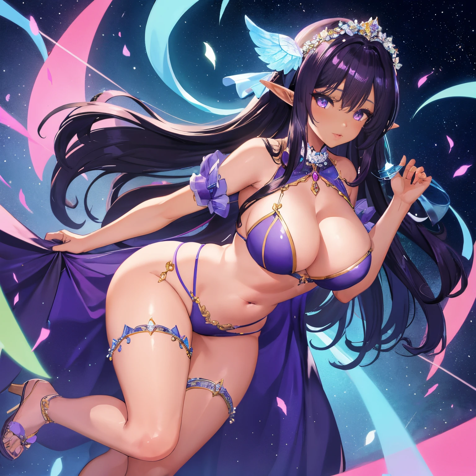 1 girl Big dark-skinned elf, purple hair, hot figure, big beauty, delicate and beautiful face, full body portrait, big eyes, beautiful face, big, transparent tulle, y and alluring, plump body, hands on chest, perfect body proportions