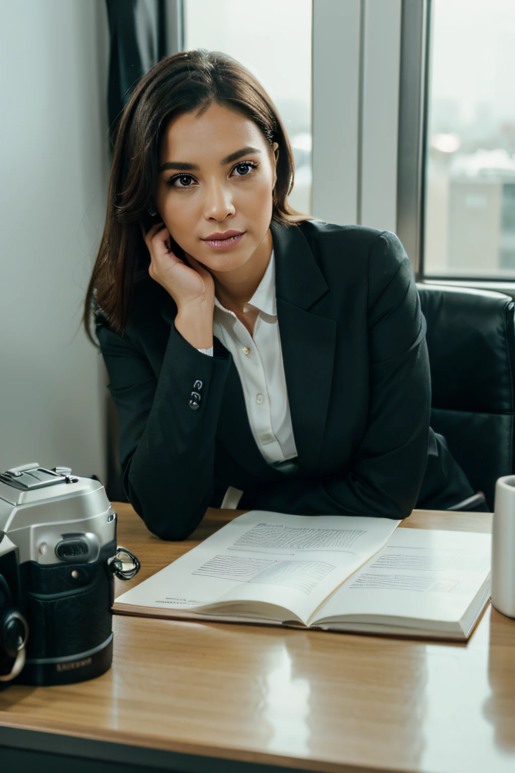 Assunto: A professional, photorealistic photograph showing a well-dressed businesswoman in an office.
Tipo de Imagem: Fotografia
Estilos de Arte: realismo, professional still camera: High quality DSLR camera with excellent photo resolution: A well-composed and natural photo of the businesswoman in her office environment, Exuding professionalism and confidence.
Render related information: Apresentar a fotografia de maneira fotorrealista e profissional, capturando o traje do sujeito, comportamento, and the environment of a modern office.
Camera capture type: Professional Office Camera Lens: Standard lens lighting: Studio or office lighting, highlighting the subject's appearance and creating a polished and formal atmosphere.