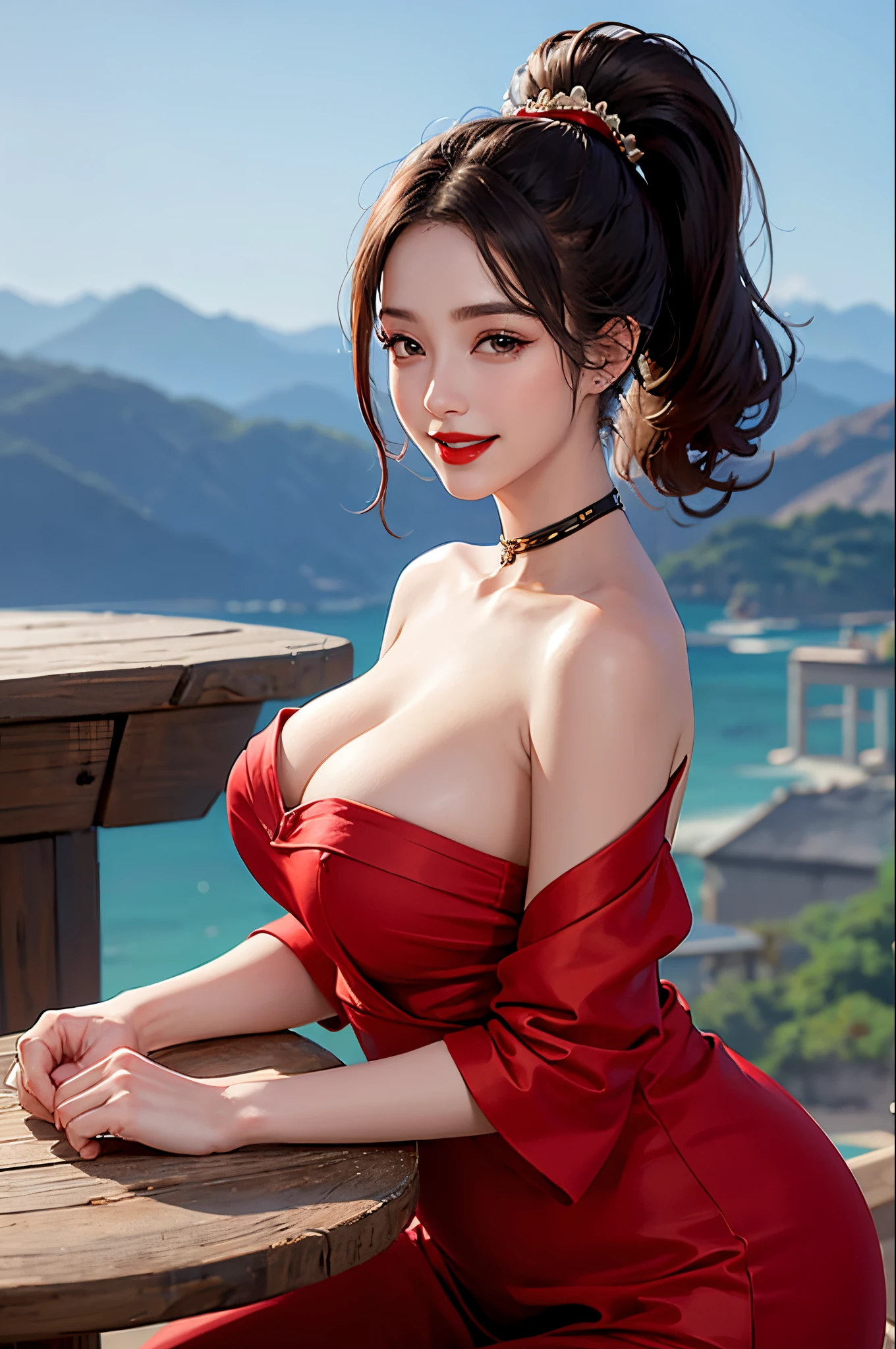 1girl in,baby,Large breasts,Red lips,Smile,Ponytail,Realistic