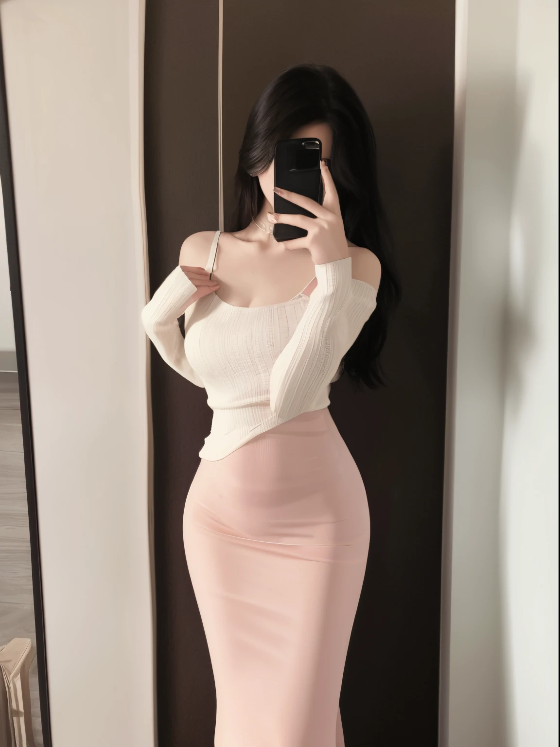 Couple in pink dress looking into mirror, Wear tight clothing, Bandeau Dress, gorgeous lady, Minimalist tight-fitting women's clothing, gorgeous young korean woman, photo of slim girl, 1 8 yes, Thin waist and thick hips, Sleek white skintight suit, sexy dress, White and light pink clothes, V-chest clothes