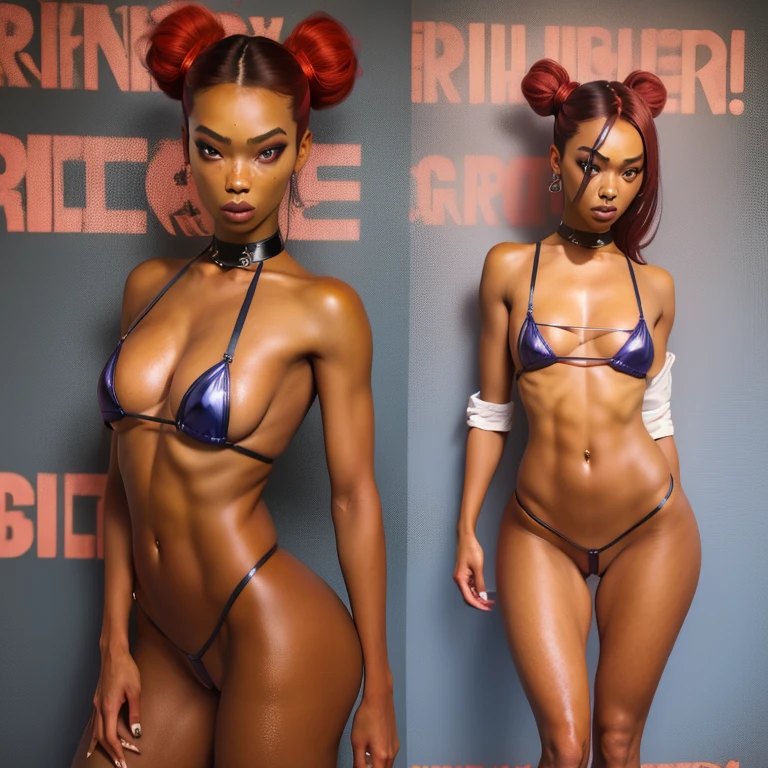Female 18 years old, piel negra, double bun hairstyle, Beautiful, cabello rojo, ojos grandes, azul, labios carnosos, labios rosados, panties, nude, muslos pegajosos, En pie, sexy, mirar, todo el cuerpo, tacones altos, cuerpo completo,Detallado, cintura delgada, standing