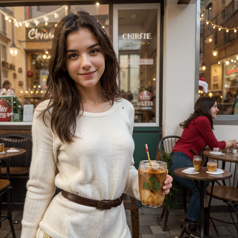 25 years old, italian, slim body, cute pose, happy expression, in front of a cafe, Christmas decorations detailed, cold outside