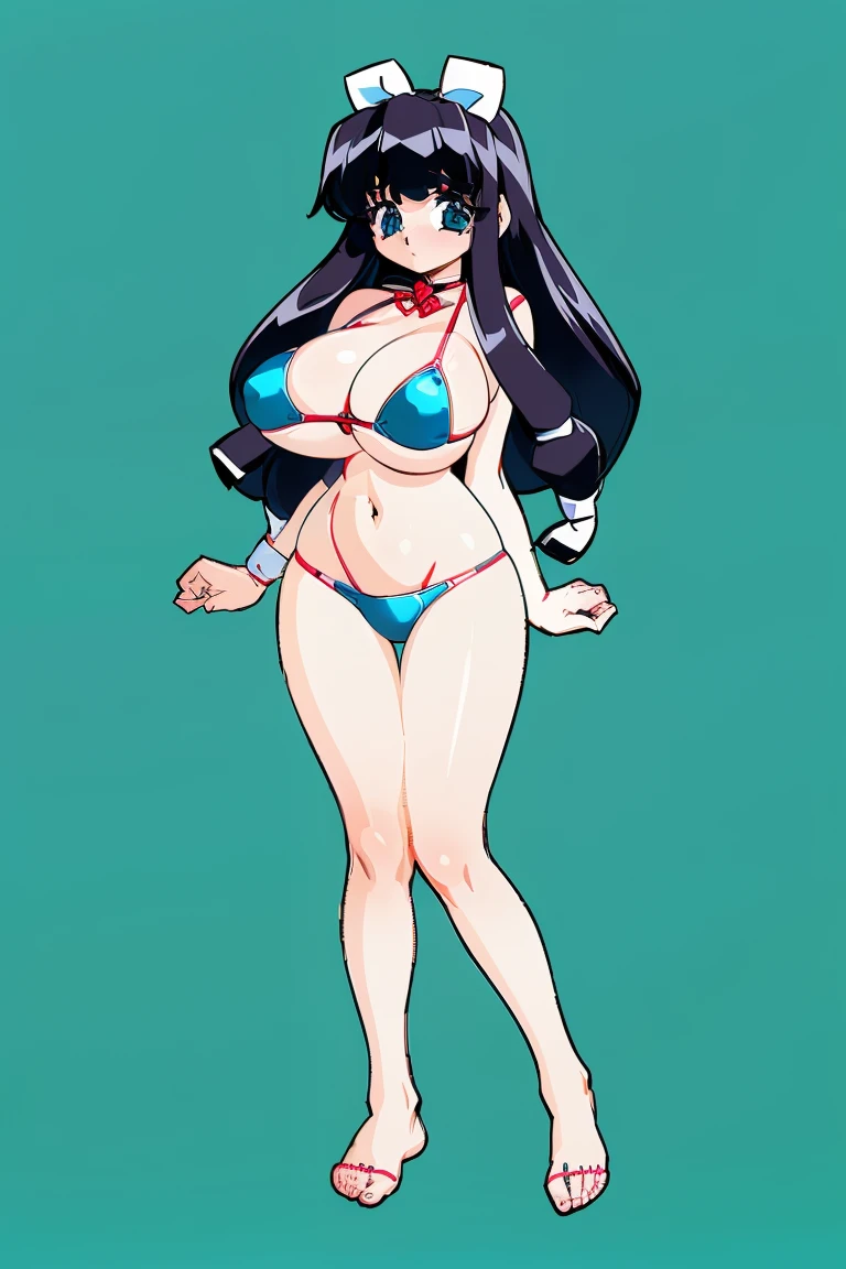 (White background:1.5),Anime cel drawing style, Best Quality, High resolution,(The bikini:1.8),  (huge-breasted:1.3), Shino Yamagami,Final Romance,, Long hair, Black hair color, blush, embarrassed, Reluctant, ((Full body)), Looking at Viewer, (Beach), ((Full body)), (Cowboy Shot:1.2)