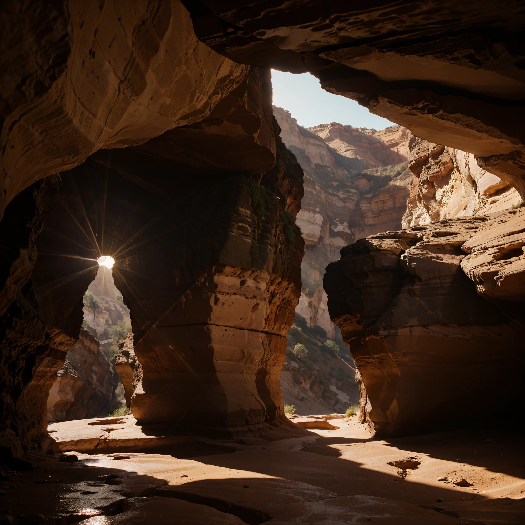 Sunrise in a canyon with light peeking through rock formations