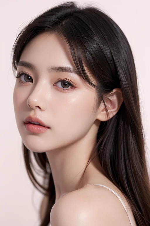 best quality, masterpiece, (photorealistic:1.5), Photo of a beautiful 22 years old woman, grey eyes, clean pale skin with pink cheeks, brown eye shadow, straight nose, pink lib, shiny black long hair, white background, head shot
