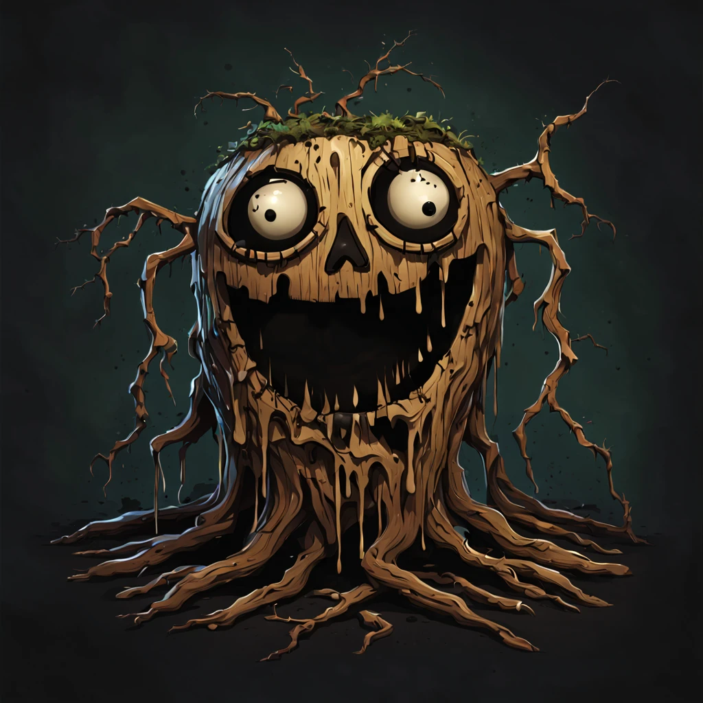 Twistroot wich is a banekin made of wood and roots with creepy solid black eyes and eerie smile dripping with grisly secrets, in dripping art style