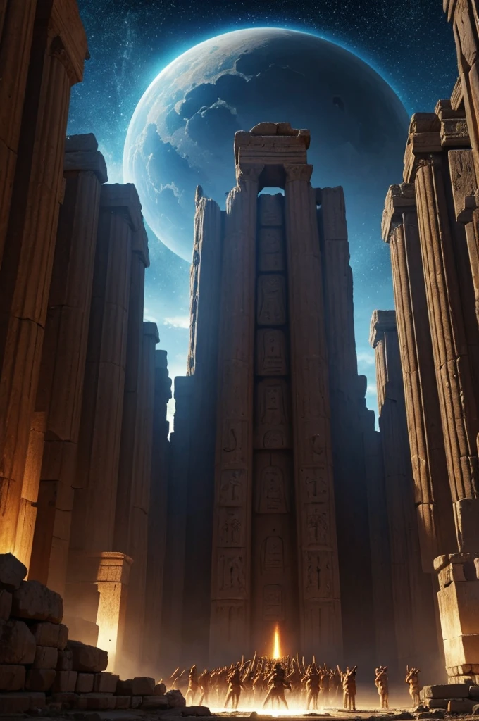 A highly developed civilization builds Baalbek, extraterrestrial giant beings performing a ritual, a celestial singularity, energy fields