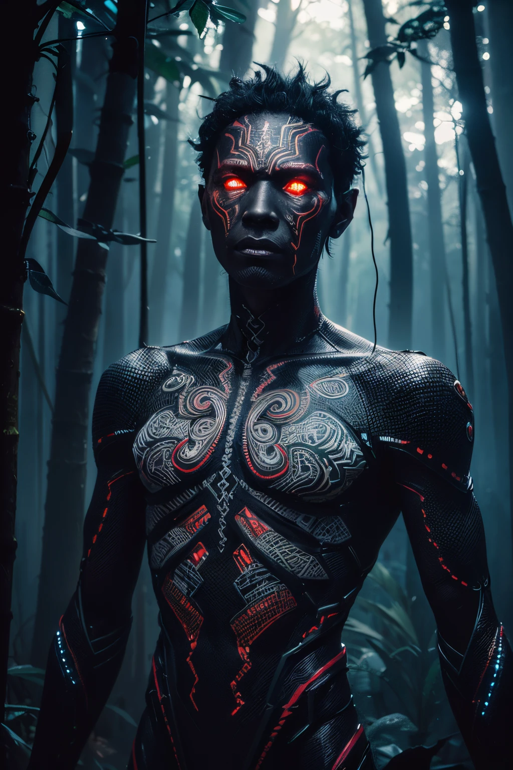 (a supernatural black Brazilian entity:1.1, half man:1.1, half ant, technorganic saber:1.1), (medium:1.2, digital art), detailed human anatomy, ant-like exoskeleton, glowing eyes, intricate tribal design, jungle background, vibrant colors, dramatic lighting