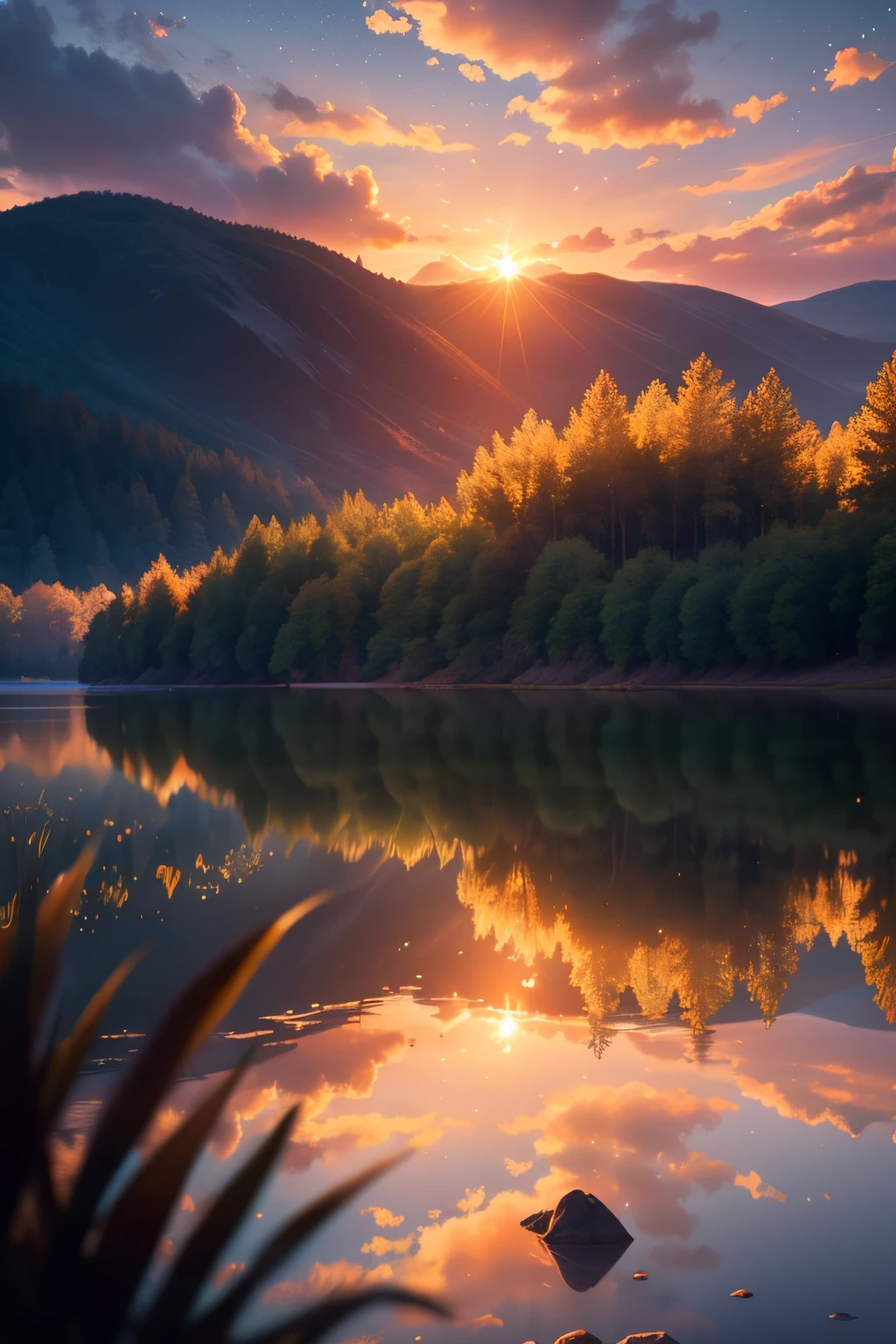 summer, lake, dawn, forest, clouds, dawn background, depth of field, HD detail, hyperdetail, cinematic, soft light, deep field focus bokeh, ray tracing, diffuse (ultra-fine glass reflection) and realism
