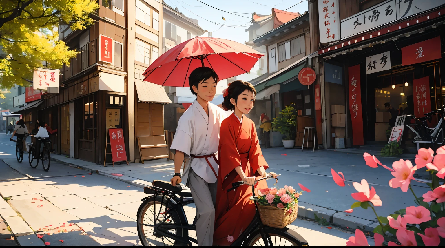 （（Couple wearing red Hanfu riding retro bicycles，There&#39;s a girl sitting behind）），（Retro bicycle with basket，There are flowers in the basket），（Quickly walk on the bustling streets of the Tang Dynasty），（Side view），and the sun was shining brightly，Pink petals fluttering in the air，delicated face，Blind box toy style，电影灯光，the good，hyper HD，tmasterpiece，textureskin，A high resolution，Best quality at best，（8K）