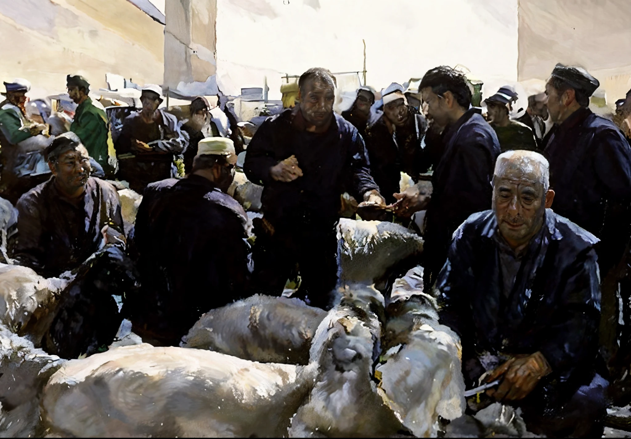 (best quality,oil painting:1.2), Xinjiang market, sheep, detailed facial features, oil brush strokes, detailed eyes, detailed lips, vibrant colors, natural lighting