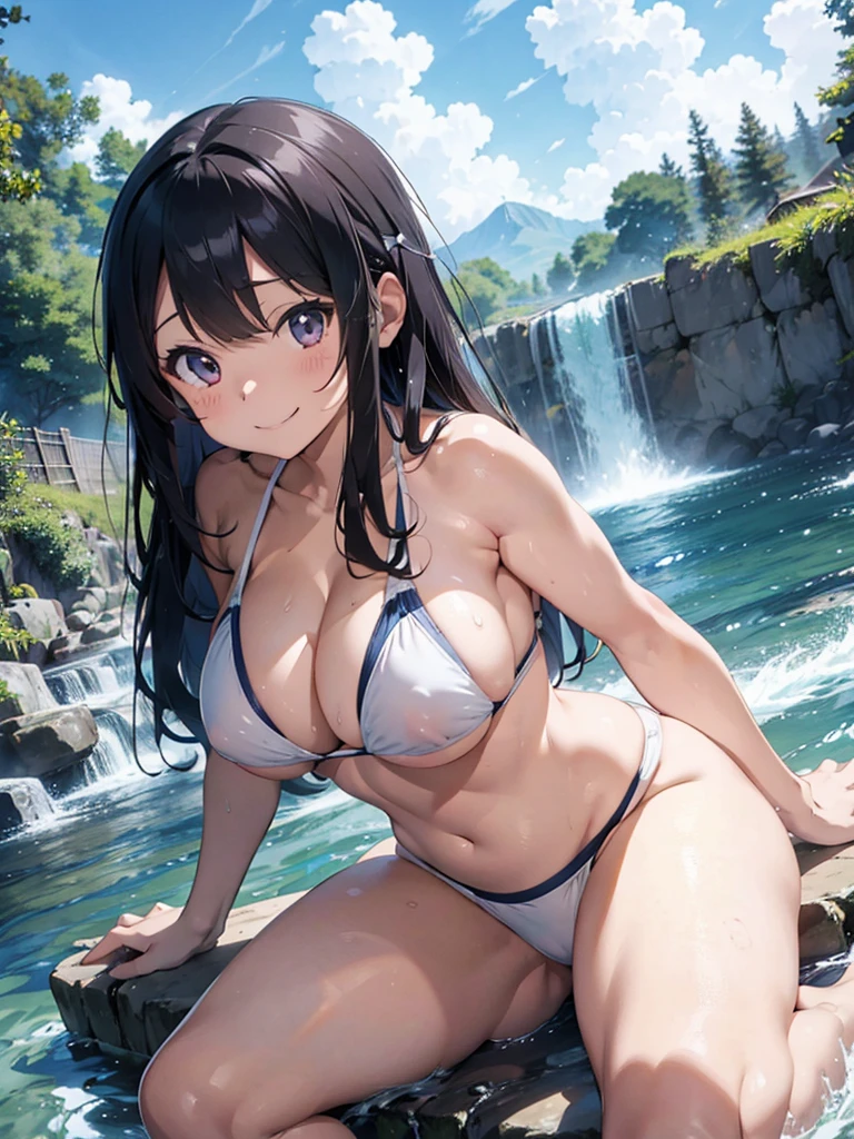 anime illustrated、Lewd Gal、valley with big waterfall、nudde、Close-up of people、Colossal tits、Thighs Thighs Thighs Pose Nipple exposure and genital exposure、Sit with open legs、Anime filling、huge smile、White bikini swimsuit、playing in the water