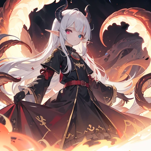 A ,loli, with  breasts, (she had golden eyes), (heterochromia:blue and red),blue eye:red eye:0.5,(slit_pupils),(little pointy elf-like ears), with long pure white hair blowing in the wind, (a sorcerer's dress), wearing black lace gloves, and a wide robe sleeve covering her hands, with a golden pattern at the edge of the robe, (with a black dragon's tail), A multitude of blood-red tentacles protrude from the sleeves of his clothes, Behind the girl  the shadow of an evil god, Cthulhu mythology, (with a large number of dense tentacles nearby), (these tentacles have eyelames flying around the girl), demons, monsters, evil gods, unnamable horrors, a large number of tentacles of eyes, tentacles of flesh, surrounded by flames，( an extremely delicate and beautiful),(She has a very beautiful and delicate face),((((Delicate facial features)))),((((Little goblin ears.)))),((Dragon hornlesh and blood tentacles)),(heterochromia)