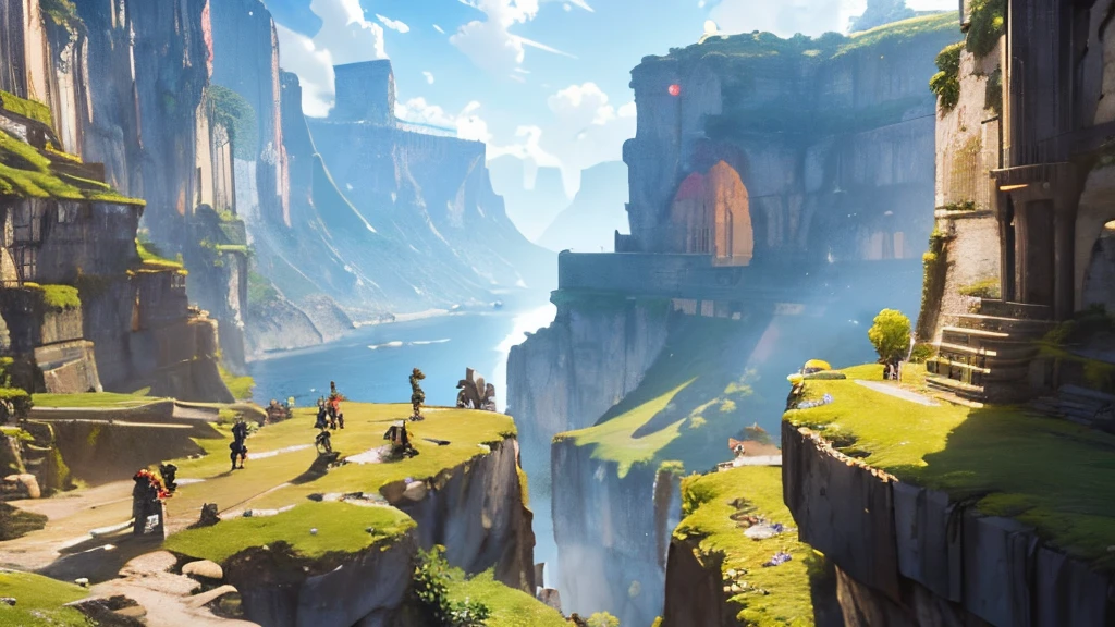 (masutepiece:1.2, Best Quality), caves, Rocky cliffs, Ruins, Sunnyday, Cyborg with a square head, 3some, sad, Vibrant colors, 发光, low angles, Wide Angle