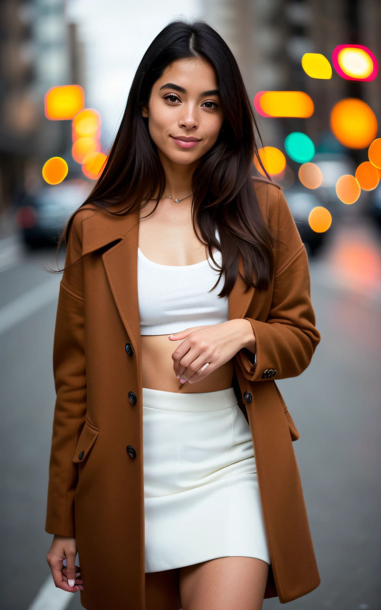 hermosa Japonesa con piel morena, Woman in brown coat standing on city sidewalk with lights, sophisticated young woman wearing a brown leather coat, mujer en una gabardina, Mujer atractiva, Foto de una mujer, Mujer en traje de negocios, Well-lit professional photography, vistiendo una chaqueta extravagante, brown jacket, retrato en plano medio de una hermosa, Retrato de 60 mm, wearing a long coatyellow sweater (tomando cam, muy detallado, 27 year old, Cara inocente, cabello negro largo ondulado natural, High resolution, Obra maestra, La mejor calidad, Detalles intrincados, Altamente detallado, foco nítido, Piel detallada, textura realista de la piel, textura, ojos detallados, profesional, 4k, sonrisa encantadora, tomada con Canon, 85mm, poca profundidad de campo, Kodak Vision Color, Cuerpo de ajuste perfecto, extremadamente detallado, Cinematographer_\(ultra\), Cinematographerrrealista, realista, Post-procesamiento, Maximum detail, aspereza, vida real, ultra realista, Fotorrealismo, Cinematographergrafía, 8k UHD, Cinematographergrafía