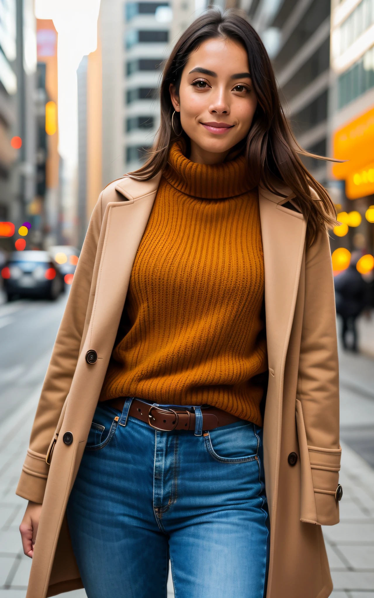 hermosa Japonesa con piel morena, Woman in brown coat standing on city sidewalk with lights, sophisticated young woman wearing a brown leather coat, mujer en una gabardina, Mujer atractiva, Foto de una mujer, Mujer en traje de negocios, Well-lit professional photography, vistiendo una chaqueta extravagante, brown jacket, retrato en plano medio de una hermosa, Retrato de 60 mm, wearing a long coatyellow sweater (tomando cam, muy detallado, 27 year old, Cara inocente, cabello ????? largo ondulado natural, High resolution, Obra maestra, La mejor calidad, Detalles intrincados, Altamente detallado, foco nítido, Piel detallada, textura realista de la piel, textura, ojos detallados, profesional, 4k, sonrisa encantadora, tomada con Canon, 85mm, poca profundidad de campo, Kodak Vision Color, Cuerpo de ajuste perfecto, extremadamente detallado, Cinematographer_\(ultra\), Cinematographerrrealista, realista, Post-procesamiento, Maximum detail, aspereza, vida real, ultra realista, Fotorrealismo, Cinematographergrafía, 8k UHD, Cinematographergrafía