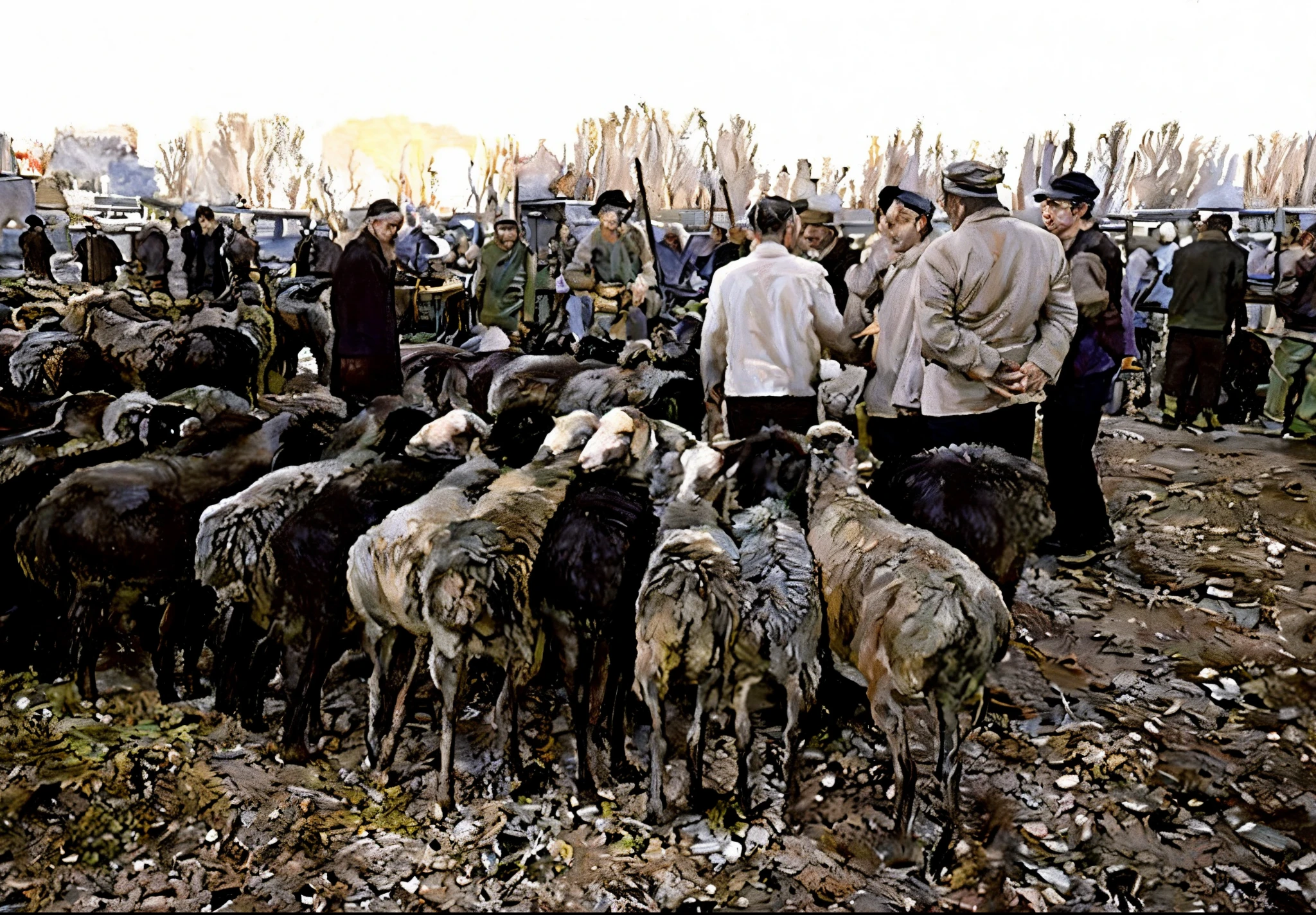 (best quality,oil painting:1.2),Xinjiang bazaar,sheep,clear facial features,oil brushstrokes,detailed eyes,detailed lips,vibrant colors,natural lighting