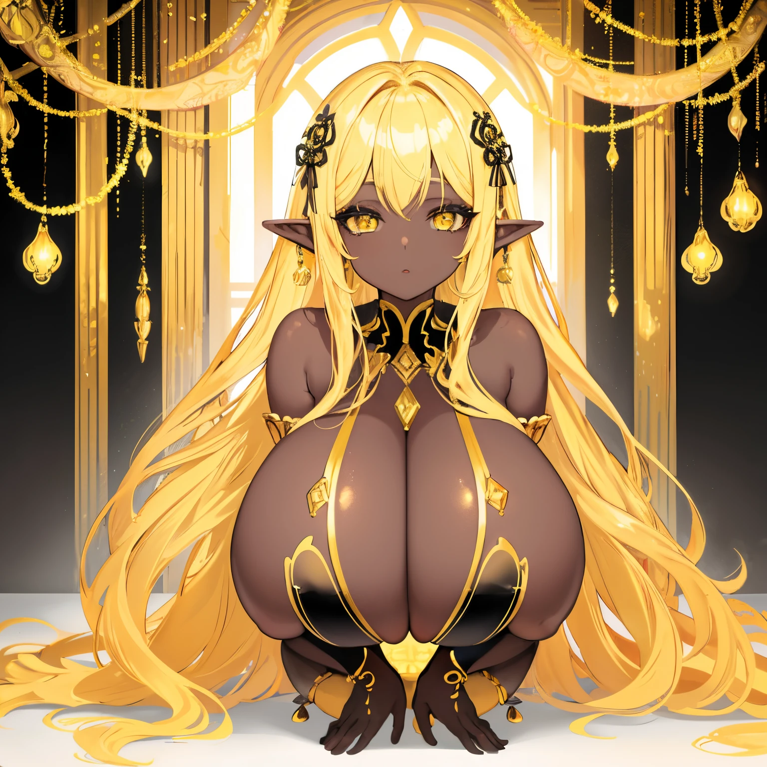 1 girl Big dark-skinned elf, yellow hair, hot figure, big beauty, delicate and beautiful face, full body portrait, big eyes, beautiful face, big, transparent tulle, sexy and alluring, plump body, hands on chest, perfect body proportions