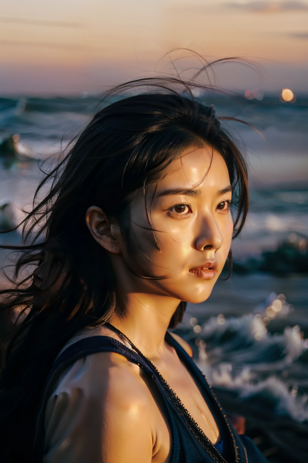 (masterpiece), (best quality), film photography, low key, dark tone, 1girl, portrait, messy hair, windy, sunset, film grain